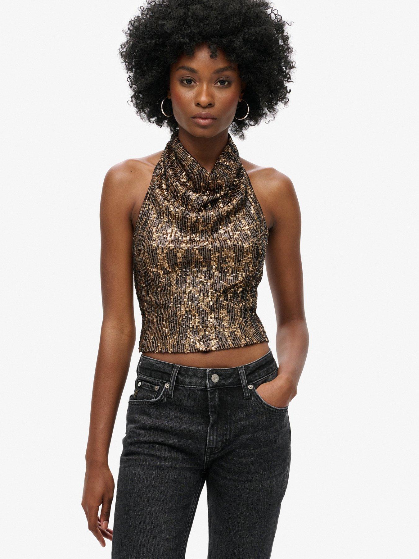 superdry-cowl-halter-neck-sequin-top-brown