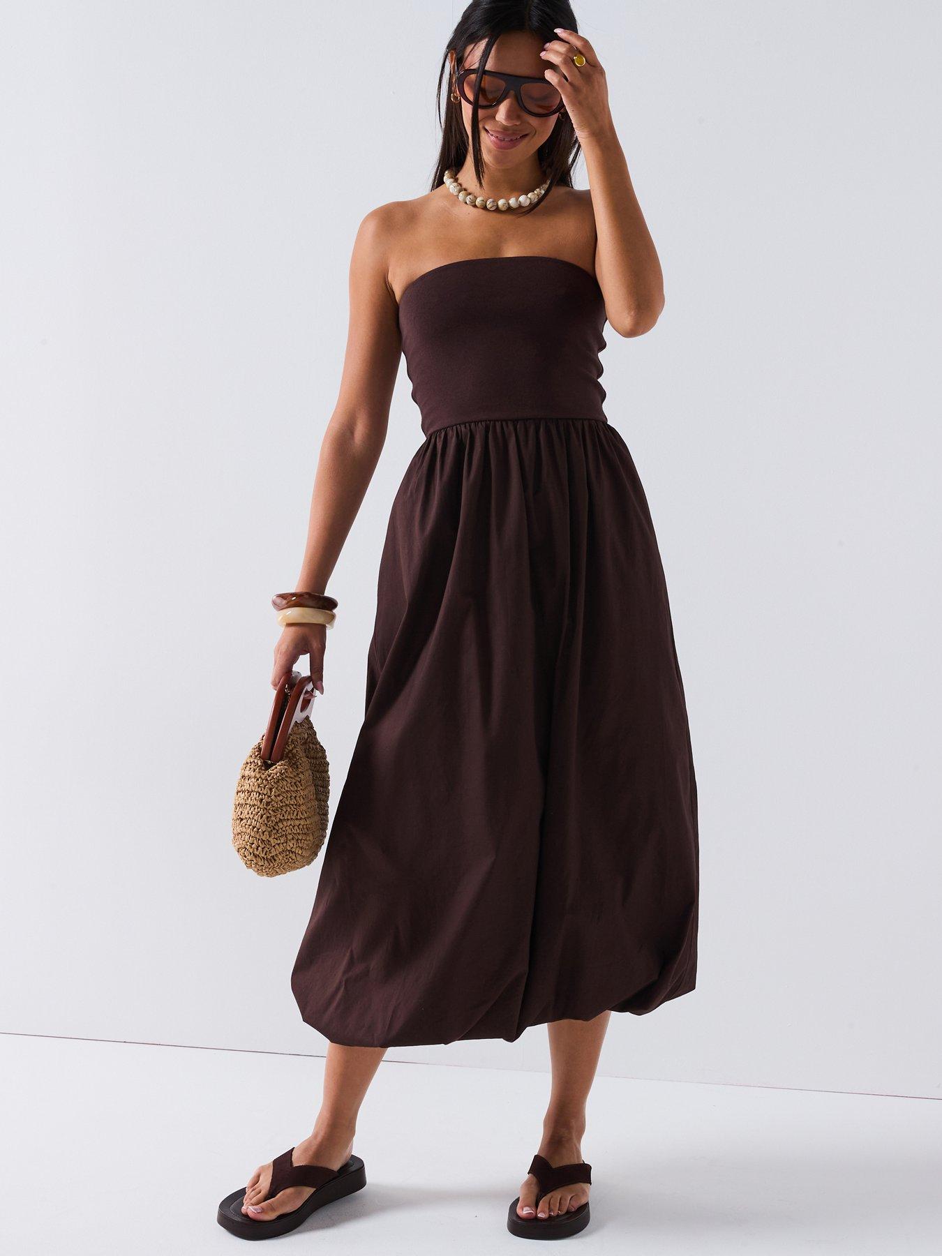 V by Very Puff Ball Midi Dress - Brown