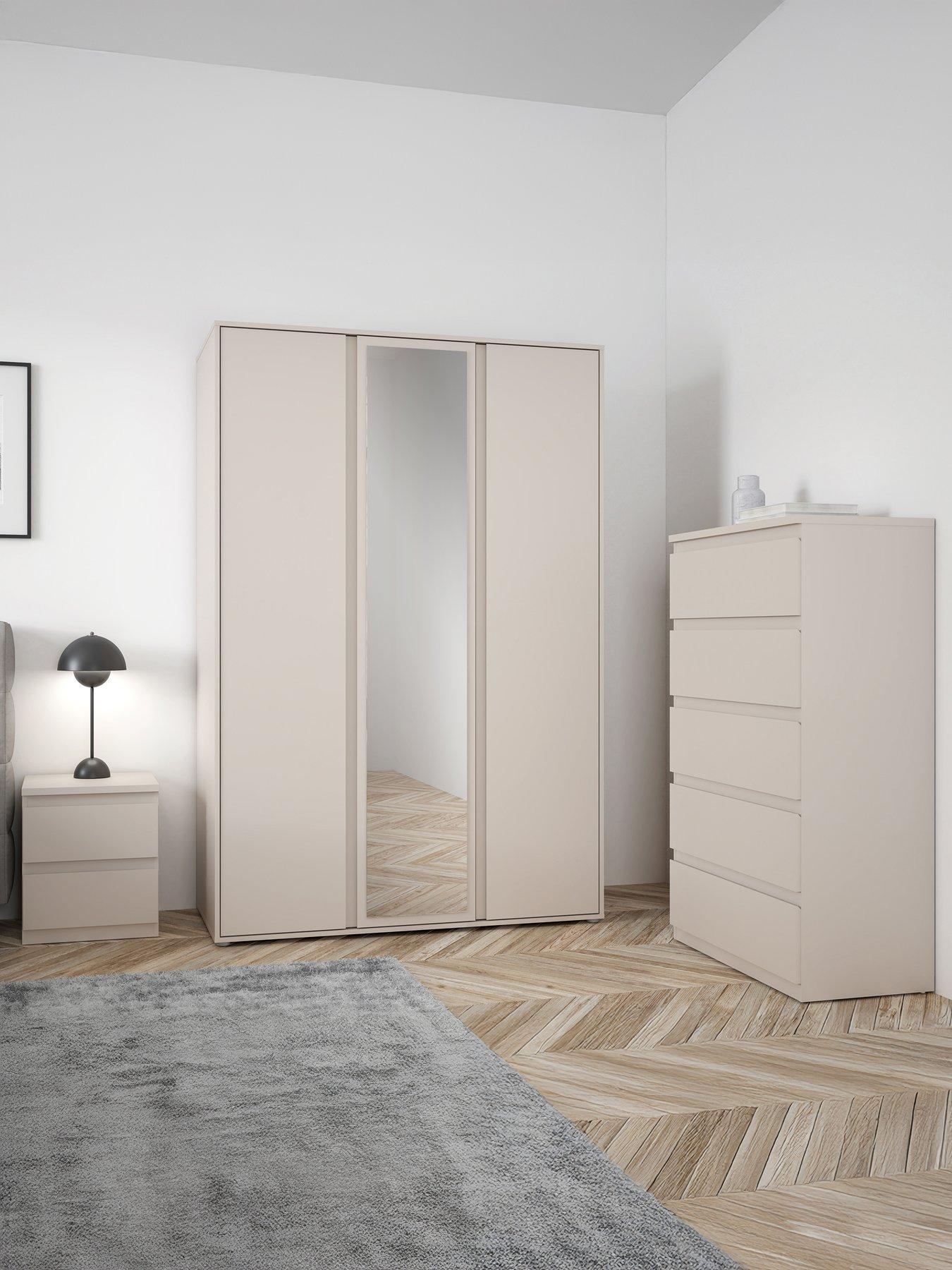 Very Home Lisson 3 Piece Bedroom Furniture Set - 3 Door Mirrored Wardrobe, 5 Drawer Chest and 2 Drawer Bedside Table - Oatmeal - FSC® Certified