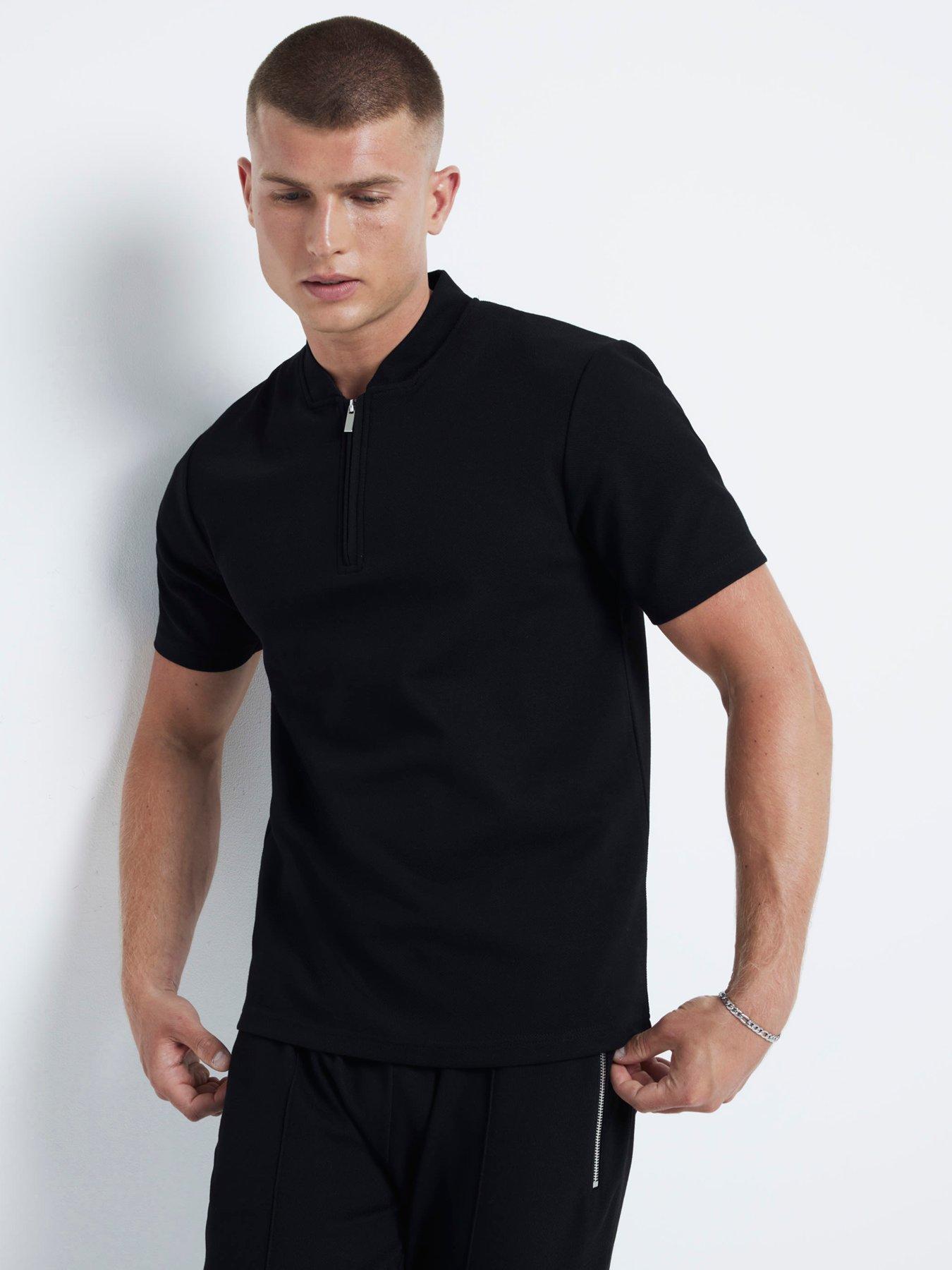 river-island-short-sleeve-slim-fit-square-neck-pique-polo-shirt-black