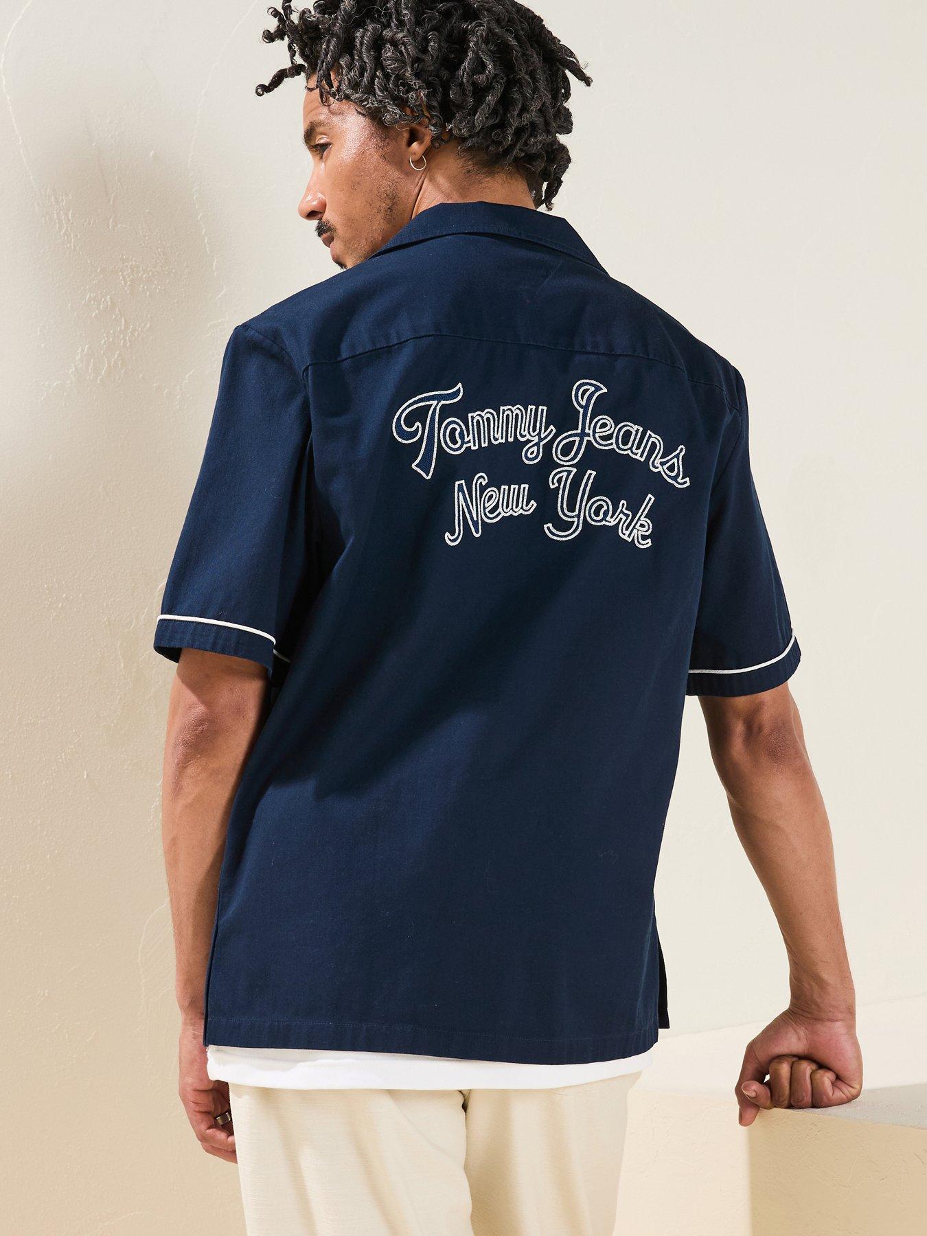 Image 1 of 6 of Tommy Jeans Camp Collar Back Logo Short Sleeve Shirt - Navy