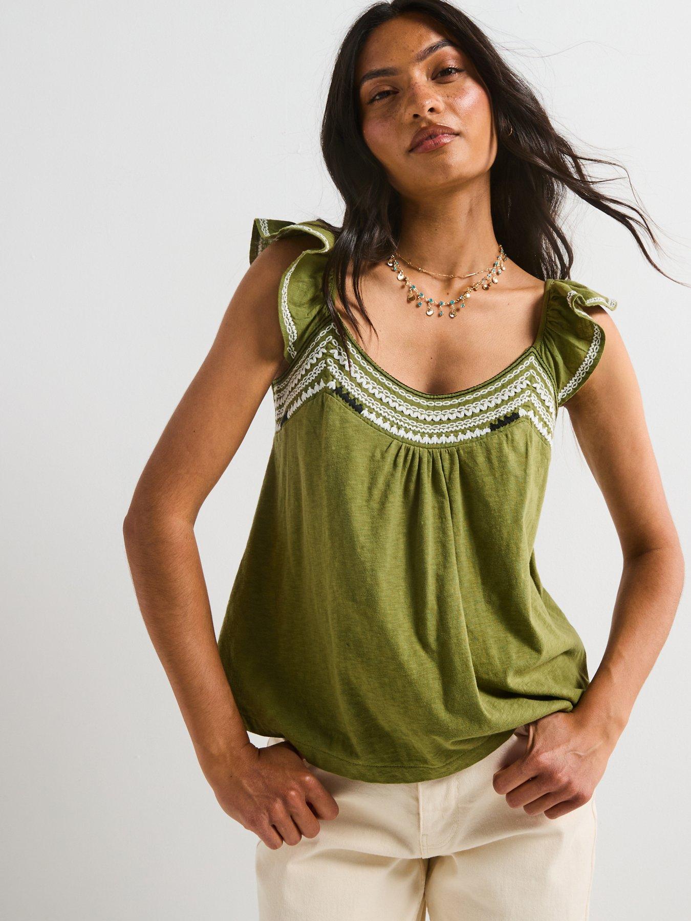 v-by-very-frill-sleeve-embroidered-top-green