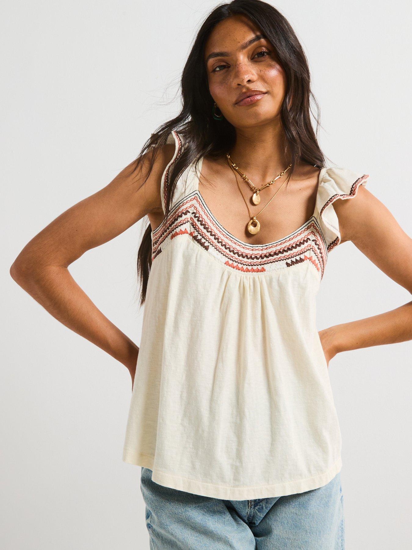 V by Very Frill Sleeve Embroidered Top - Cream
