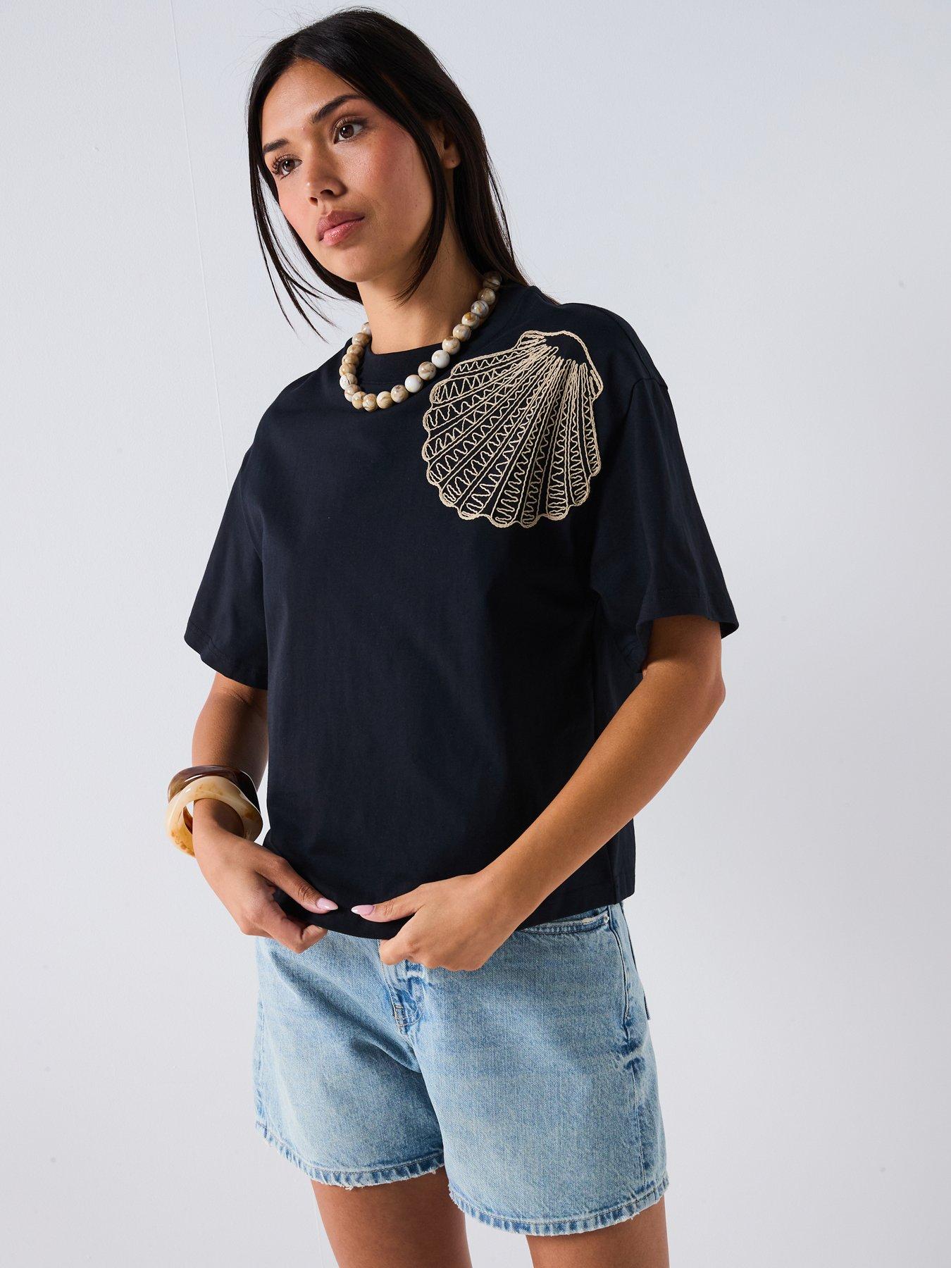 V by Very Embroidered Shell Tshirt - Black