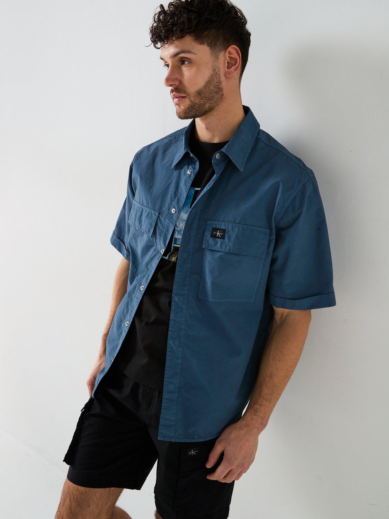 Image of Calvin Klein Jeans Garment Dye Cotton Short Sleeve Shirt - Blue