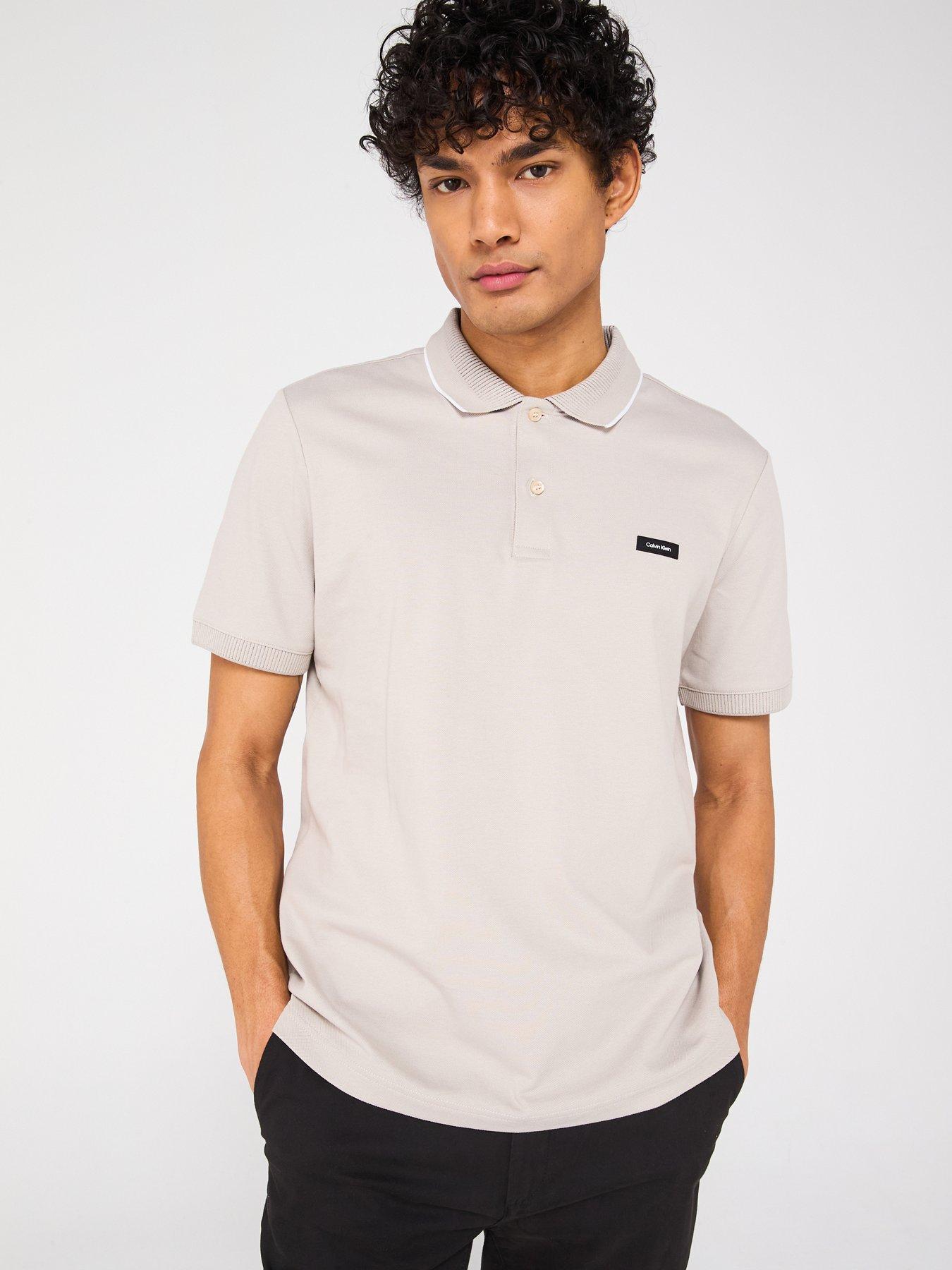 Image of Calvin Klein Pique Tipped Logo Polo Shirt - Light Natural