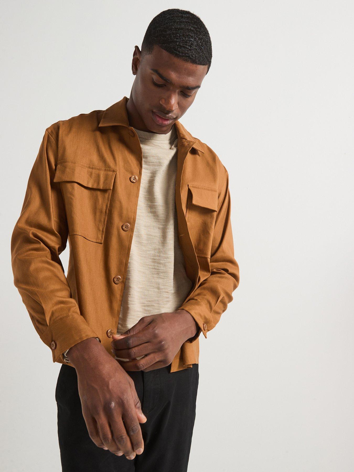 Image of Calvin Klein Linen Blend Stretch Fabric Overshirt - Brown