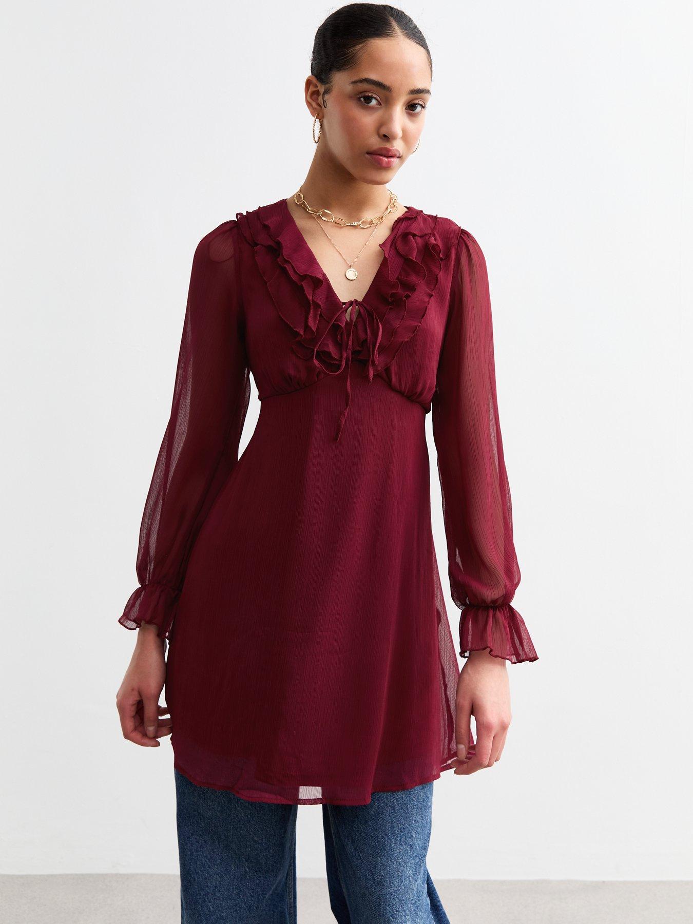 new-look-red-ruffle-chiffon-long-sleeve-mini-dress