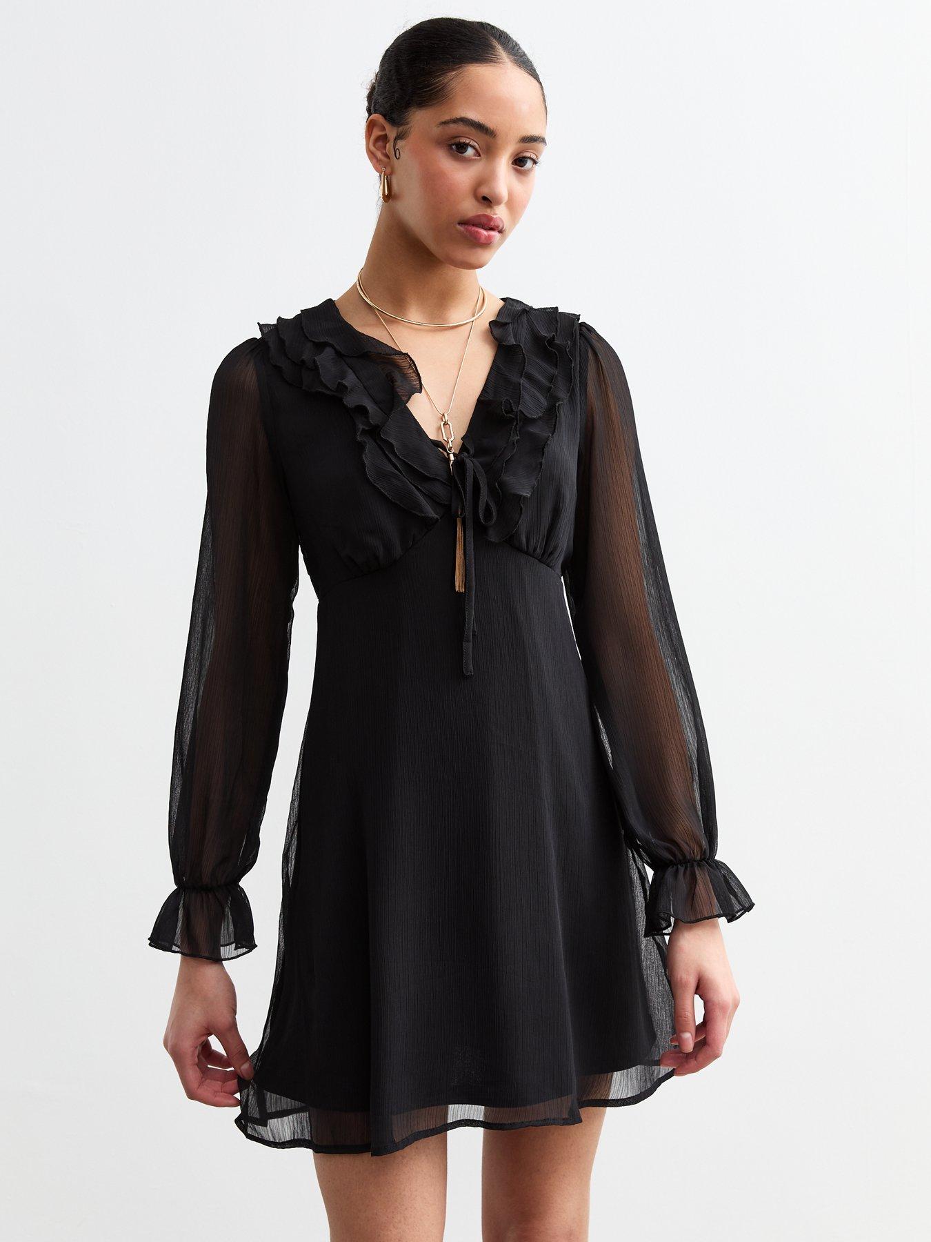 new-look-black-ruffle-chiffon-long-sleeve-mini-dress