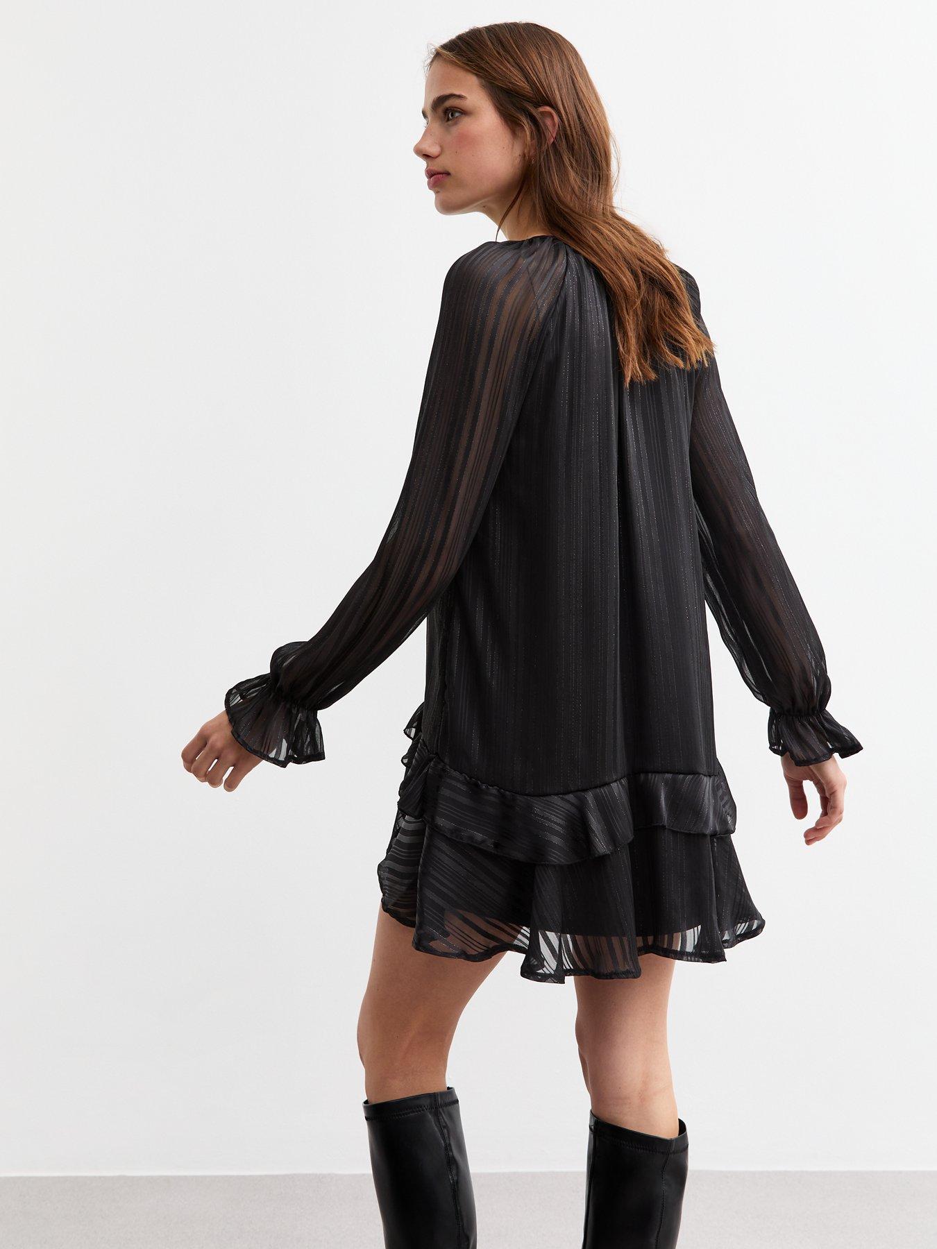 new-look-black-sparkle-stripe-ruffled-chiffon-mini-dressstillFront