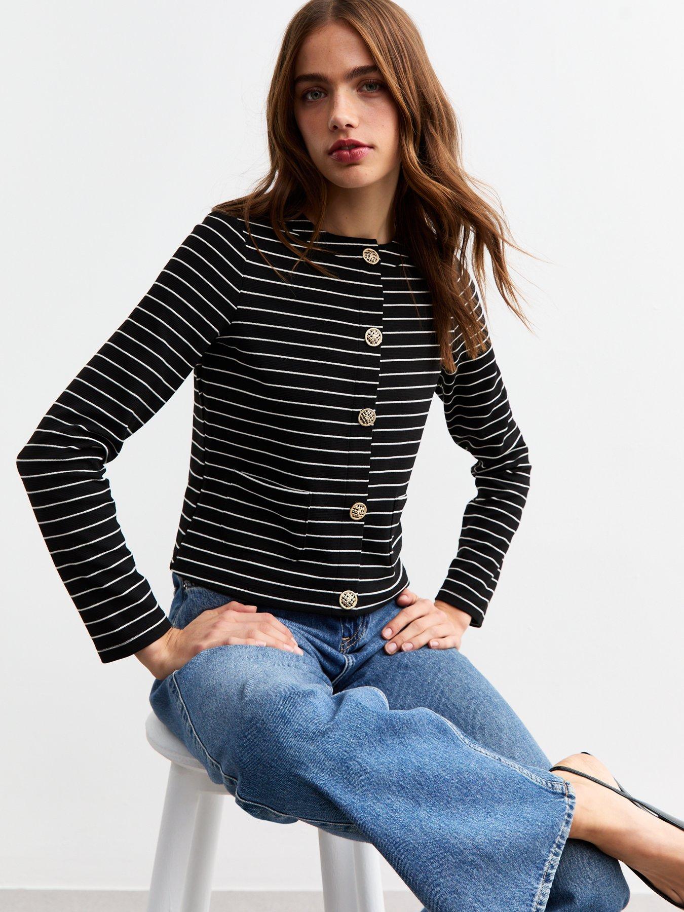 new-look-black-striped-button-detail-cardigan