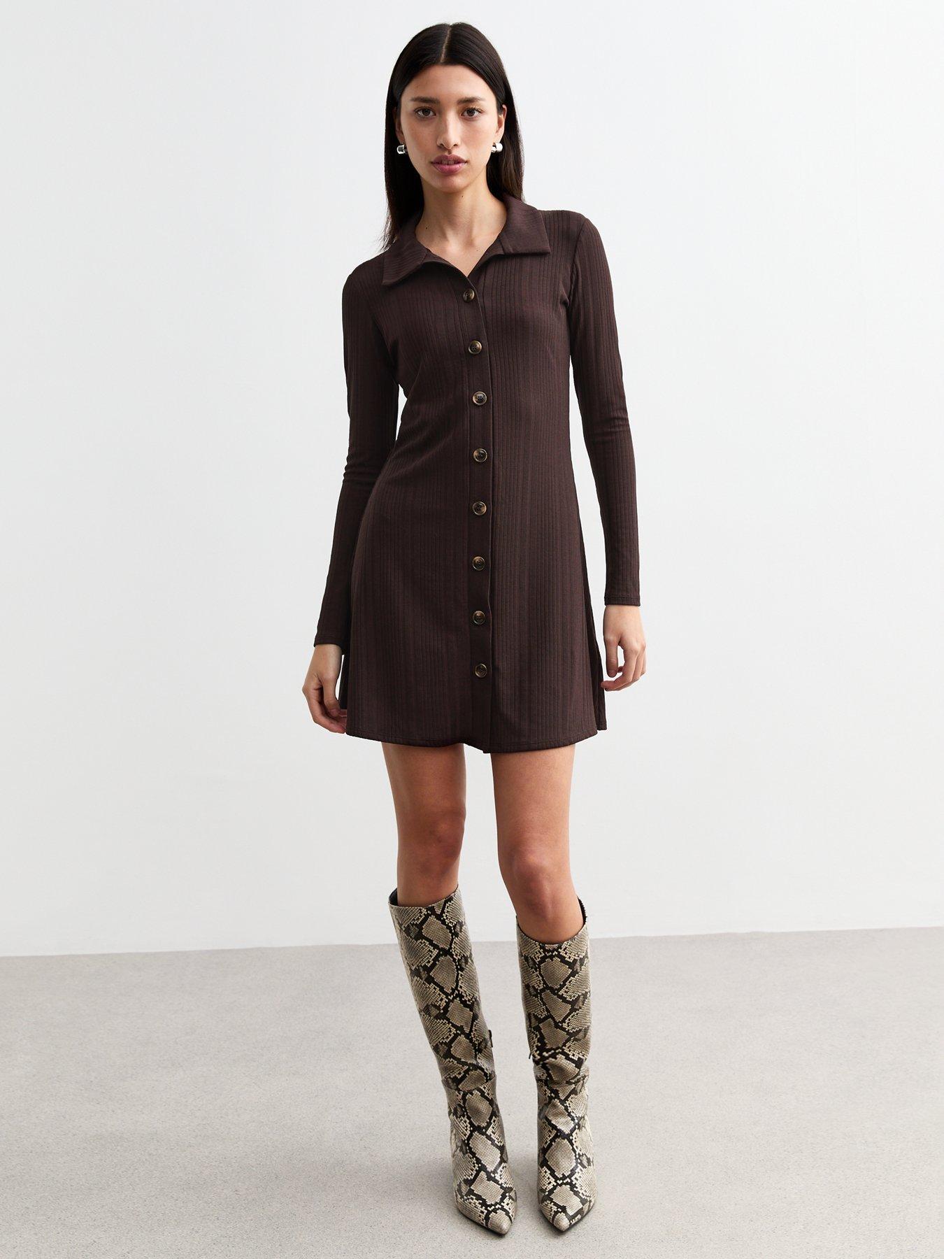 New Look Ribbed Jersey Button Up Dress - Brown
