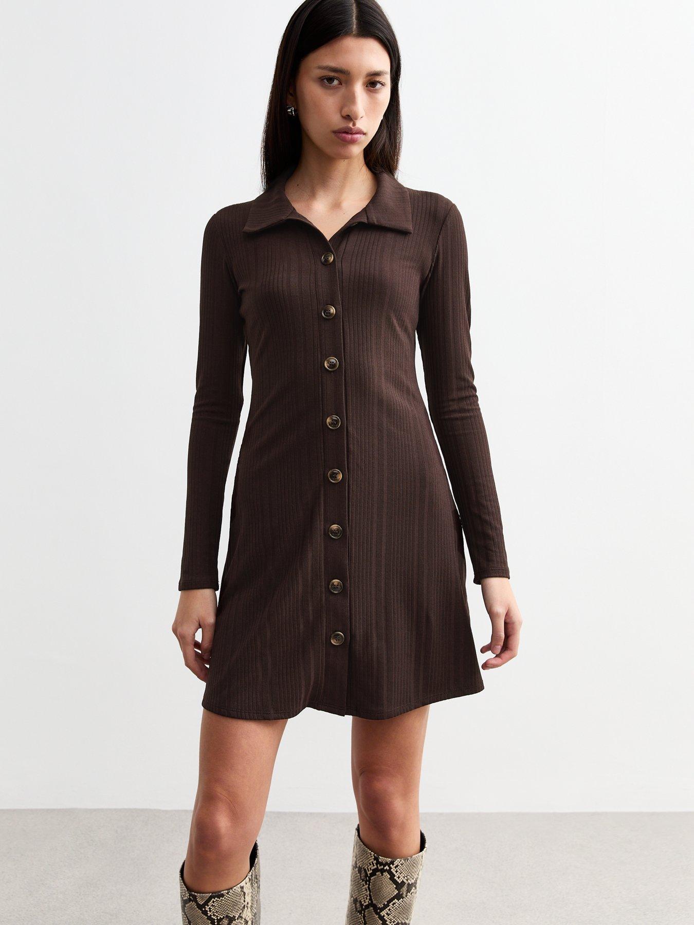 new-look-ribbed-jersey-button-up-dress-brownoutfit