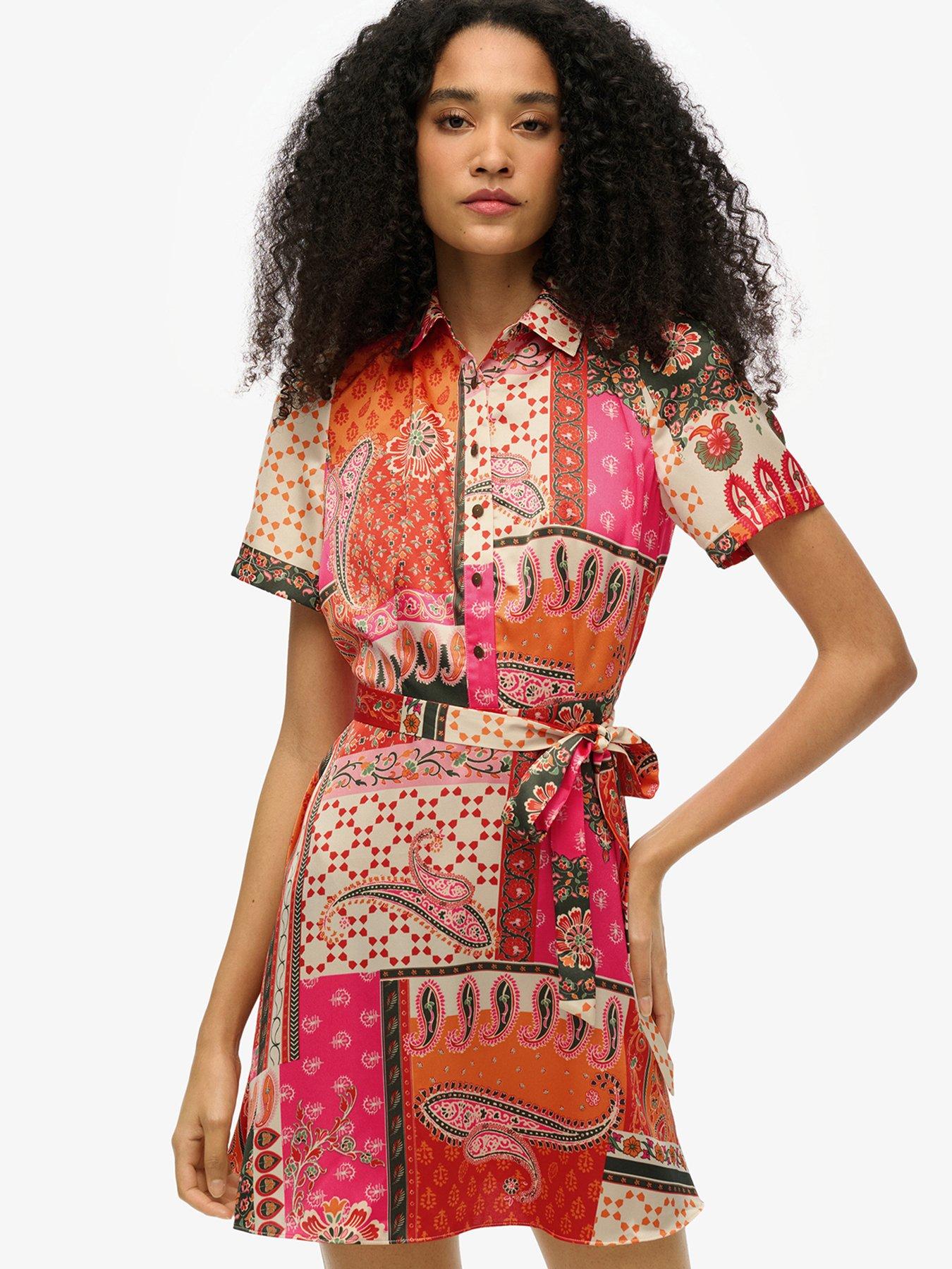 Image of Superdry Patchwork Mini Shirt Dress - Pink
