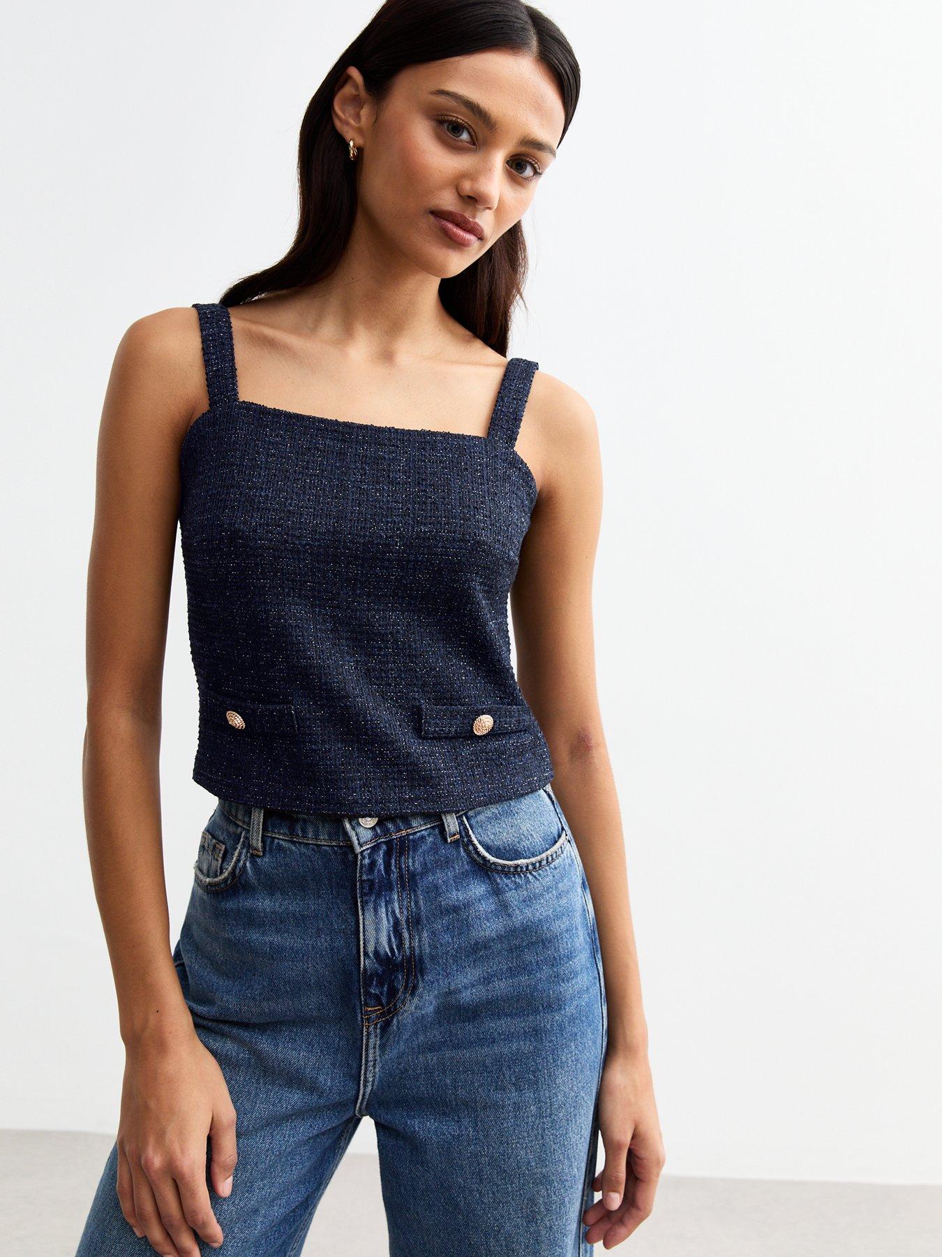 new-look-navy-sparkle-textured-wide-strap-top