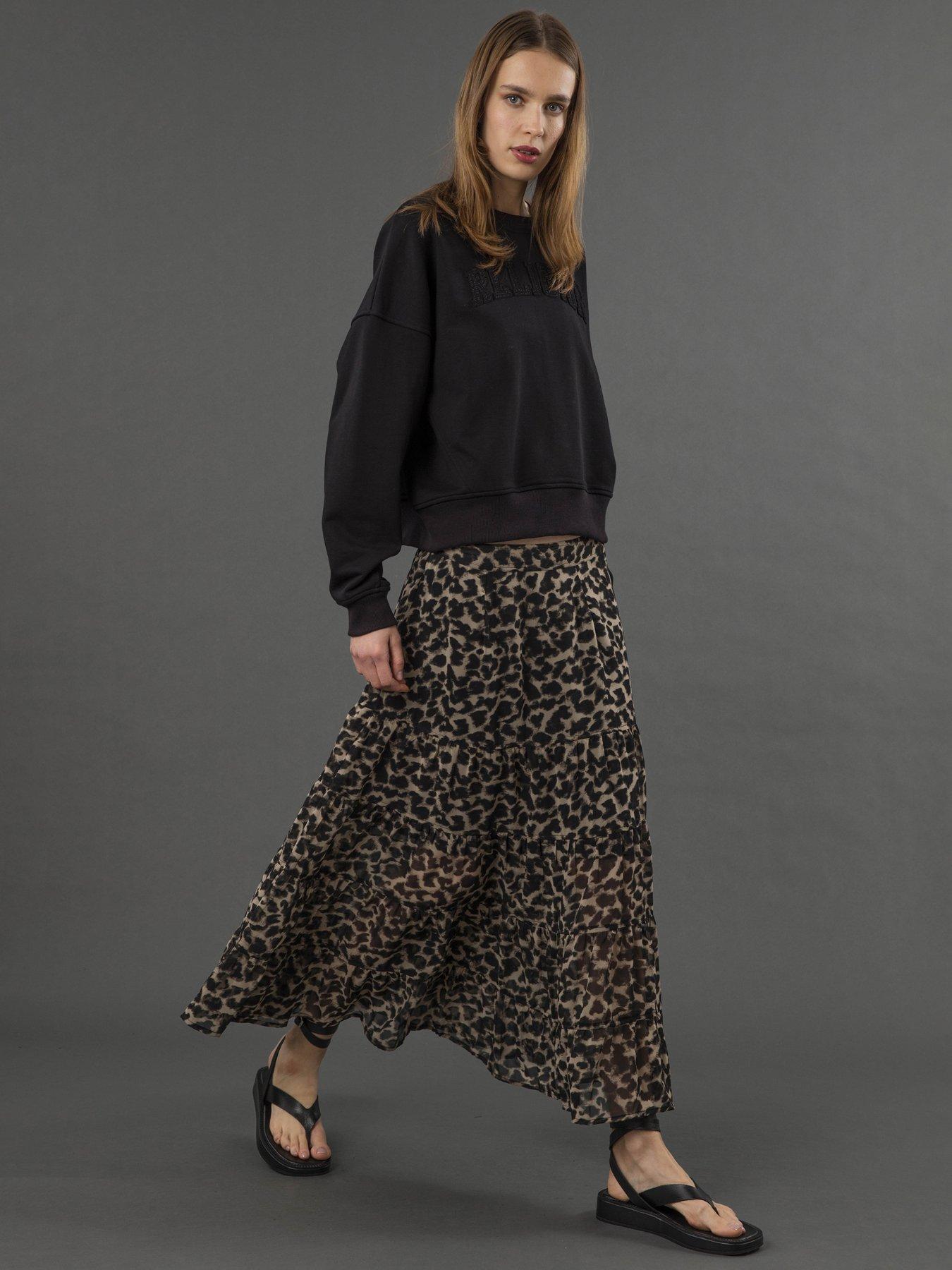 undefined Citrine Tiered Boho Maxi Skirt In Leopard Print - Multi