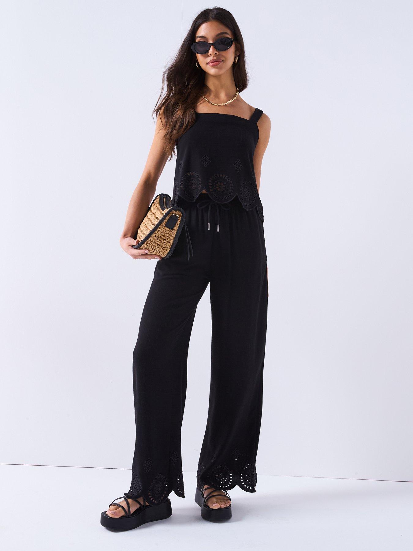 Image 1 of 6 of V by Very Linen Blend Trousers with Embroidery Detail - Black