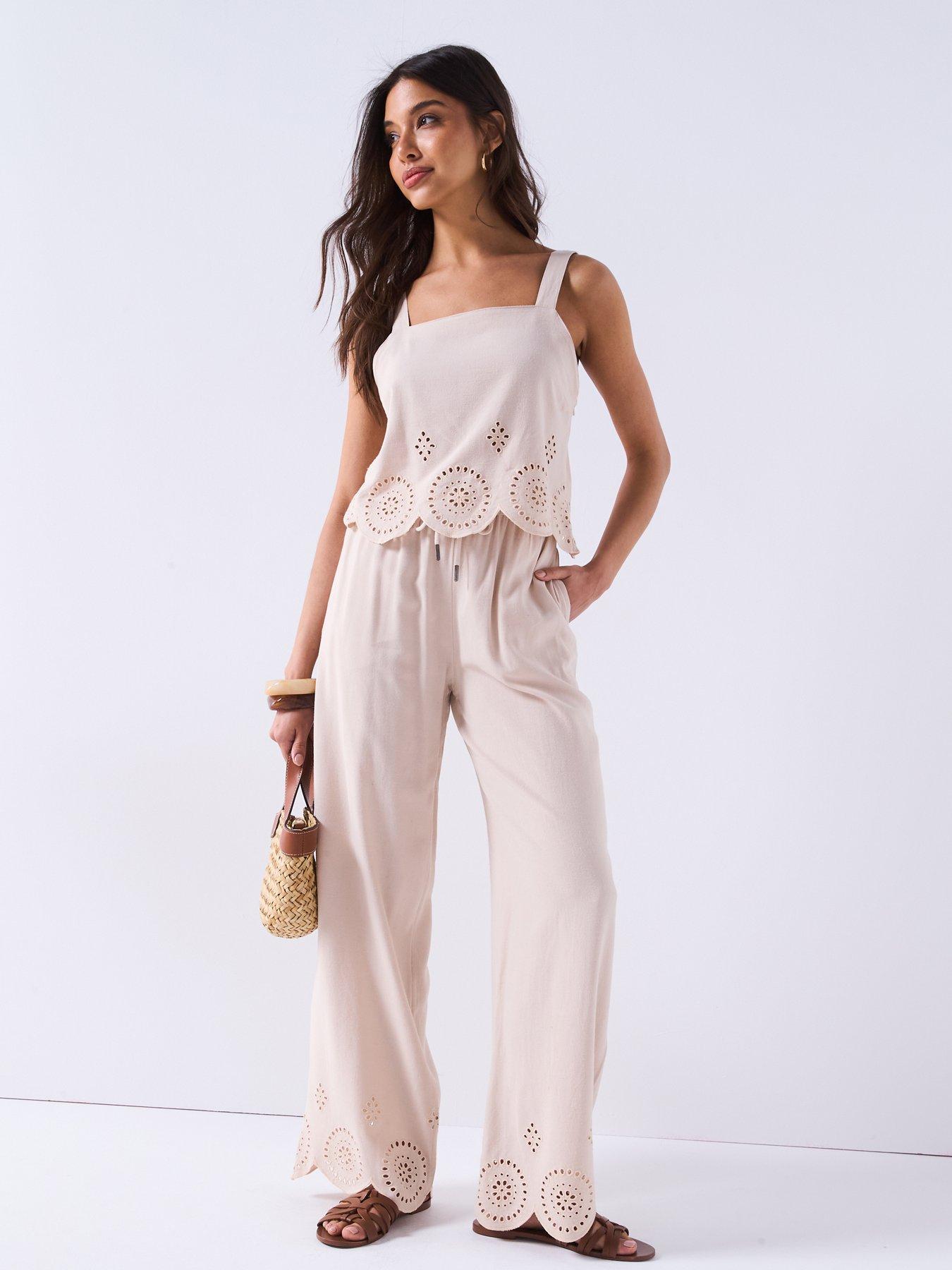 V by Very Linen Blend Trousers with Embroidery Detail - Neutral