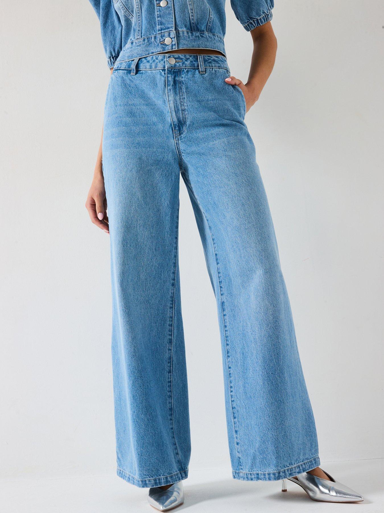 V by Very Palazzo Co-Ord Wide Leg Jeans - Mid Wash