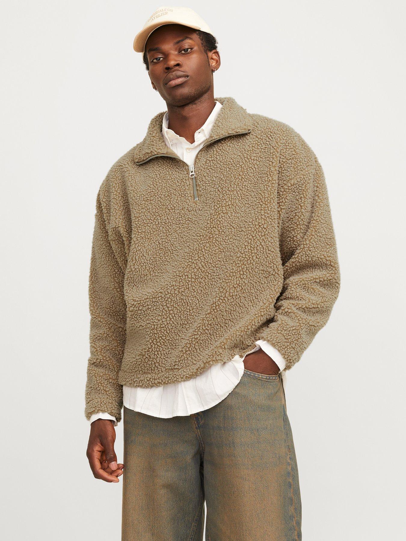 Image 1 of 6 of Jack & Jones Oxbury Teddy High Neck Half Zip Sweatshirt - Light Brown