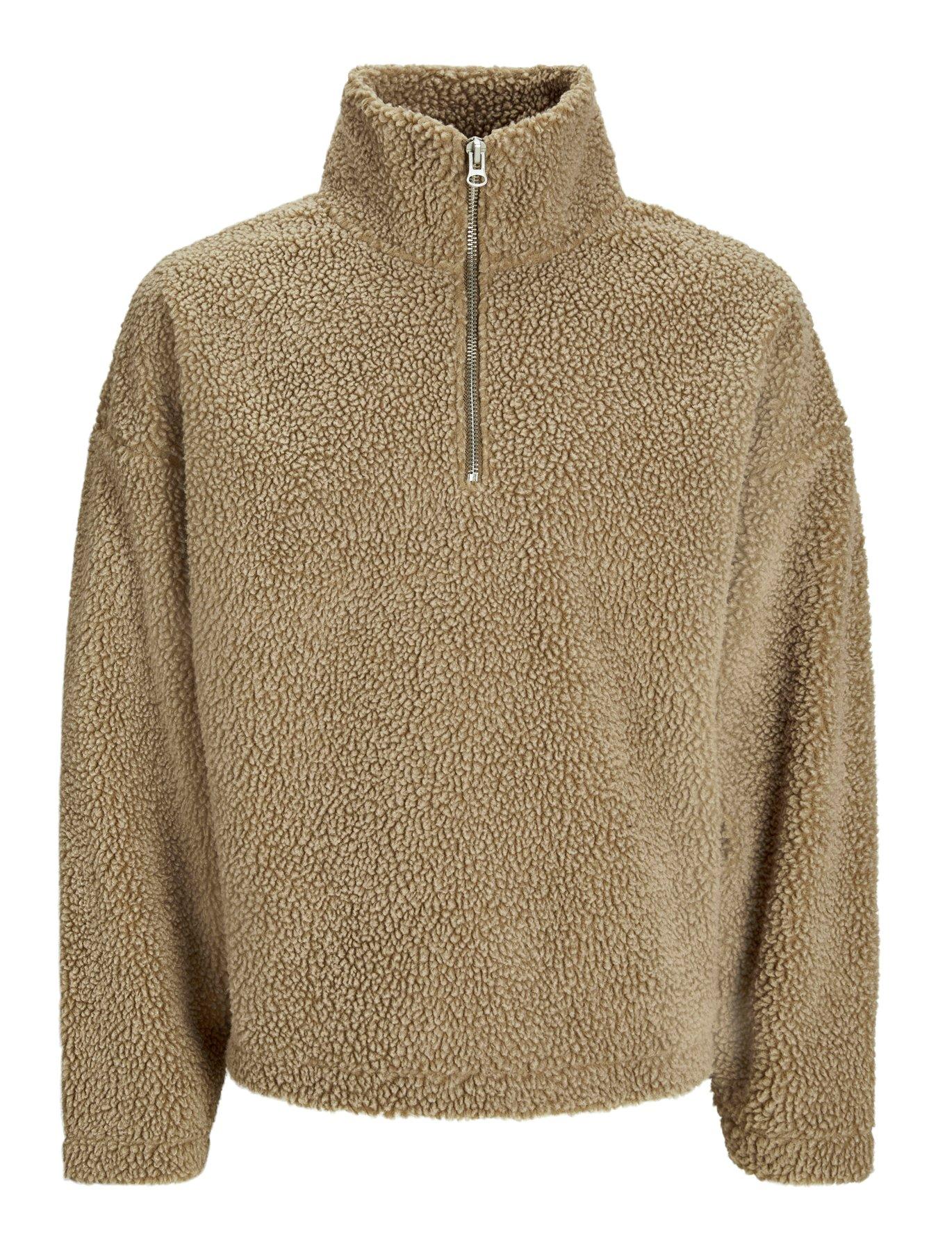 Image 6 of 6 of Jack & Jones Oxbury Teddy High Neck Half Zip Sweatshirt - Light Brown