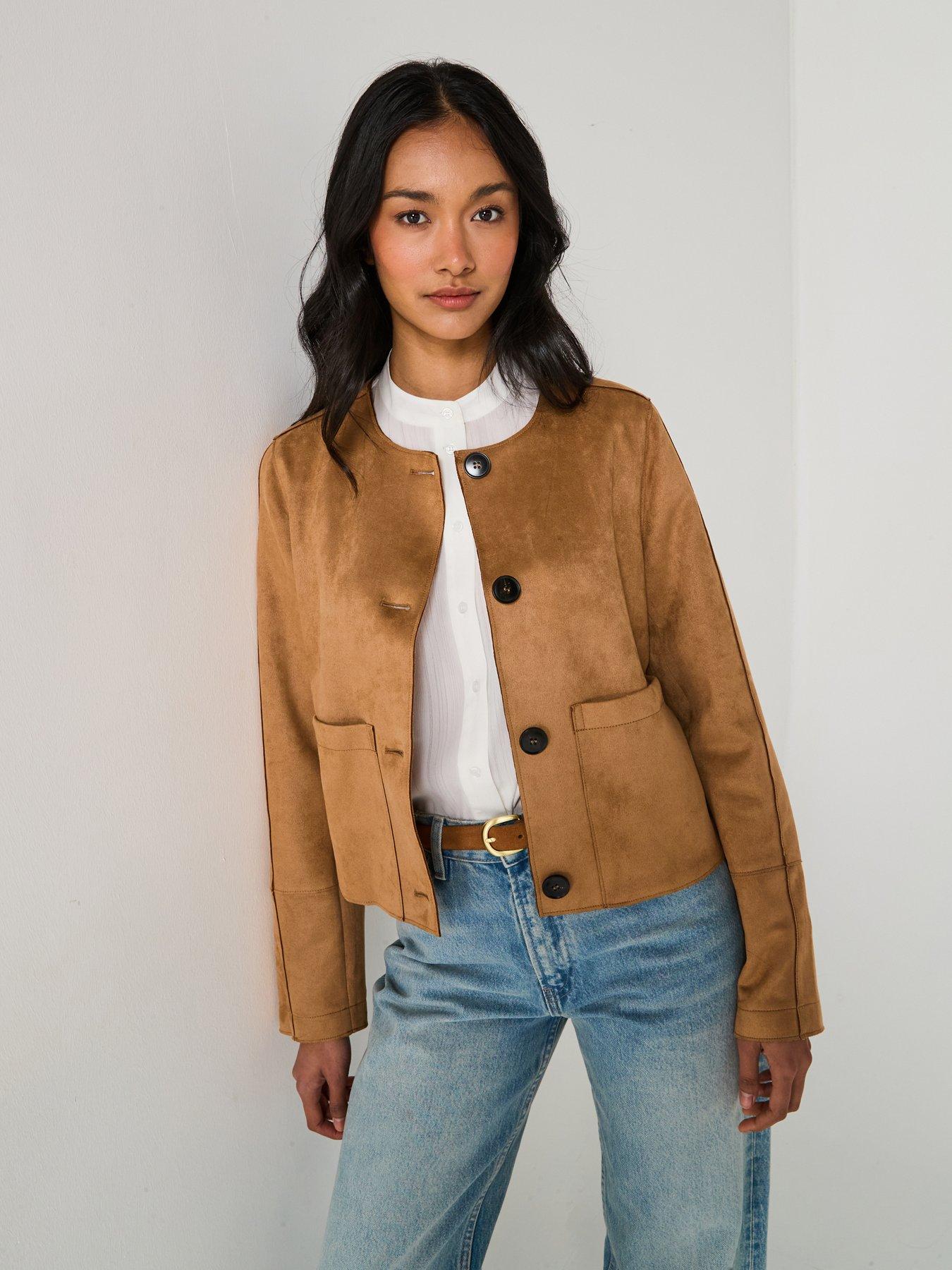 V by Very Collarless Faux Suede Jacket - Brown