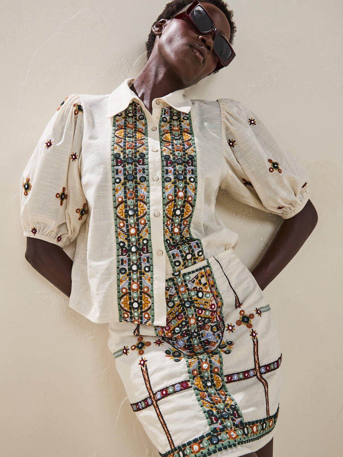 Image of V by Very Embellished Panel Short Sleeve Blouse Co-Ord - Cream