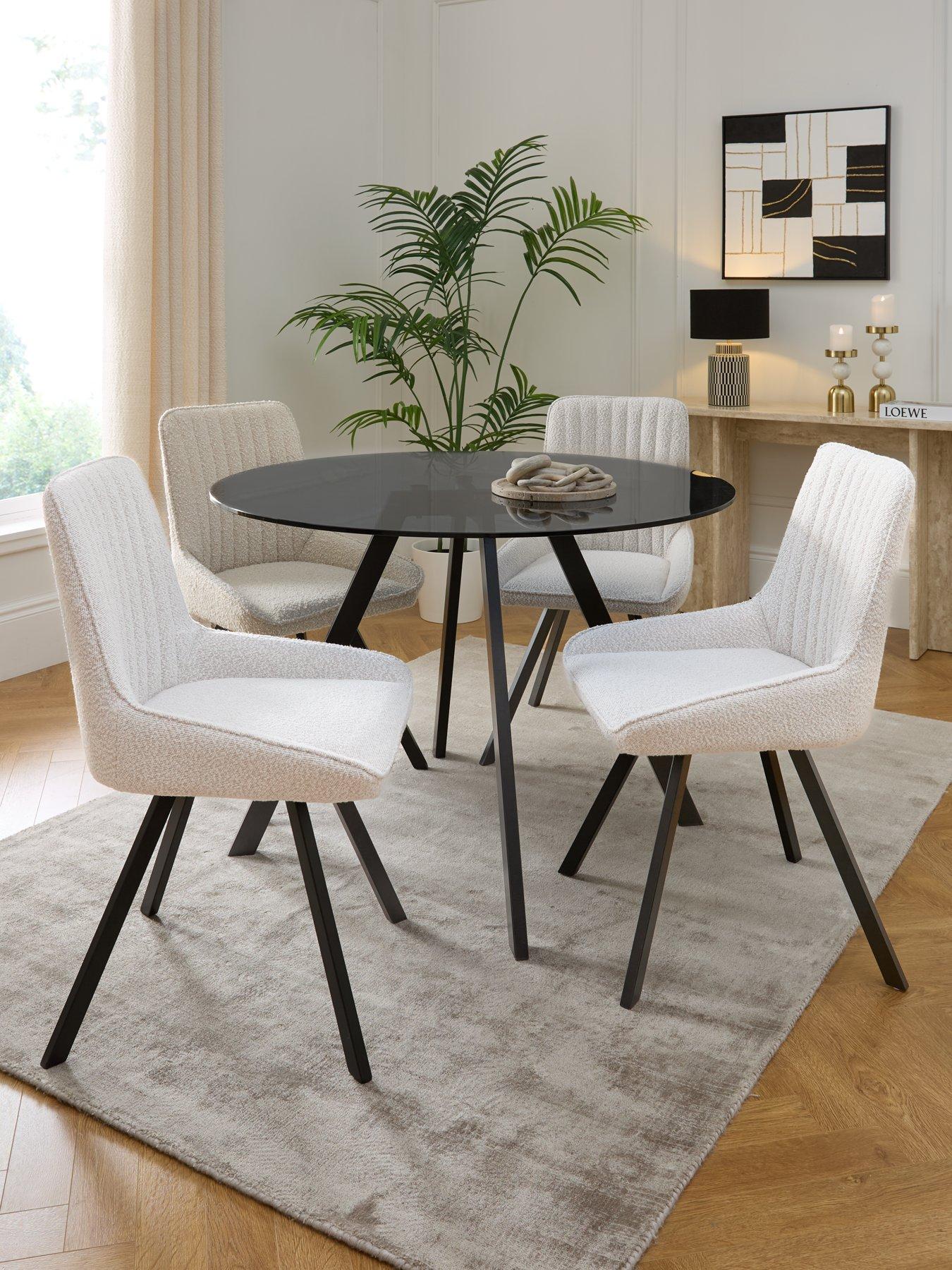 The Very Collection Marlow 110 cm Black Round Dining Table + 4 Marlow Cream Boucle Chairs