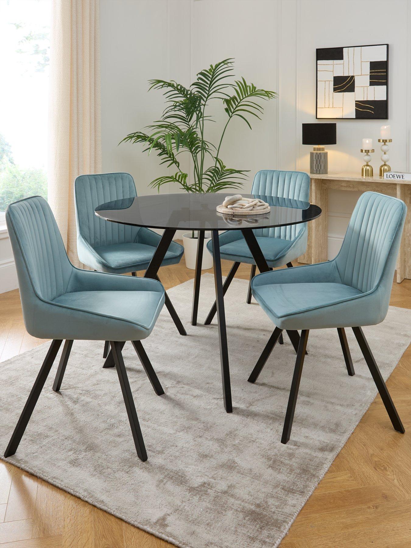 Image 1 of 7 of The Very Collection Marlow 110&nbsp;cm Black Round Dining Table + 4 Marlow Dusty Blue Chairs
