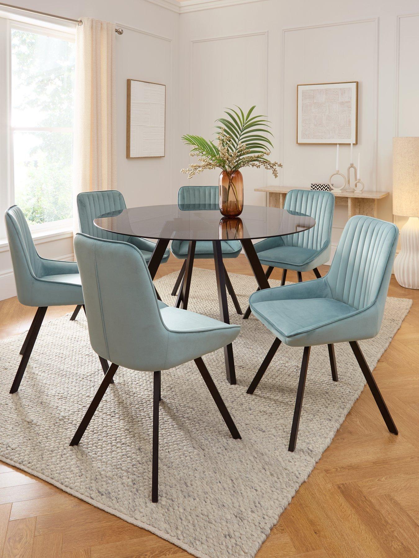 Image 1 of 7 of The Very Collection Marlow 130 cm Black Round Dining Table + 6 Marlow Dusty Blue&nbsp;Chairs