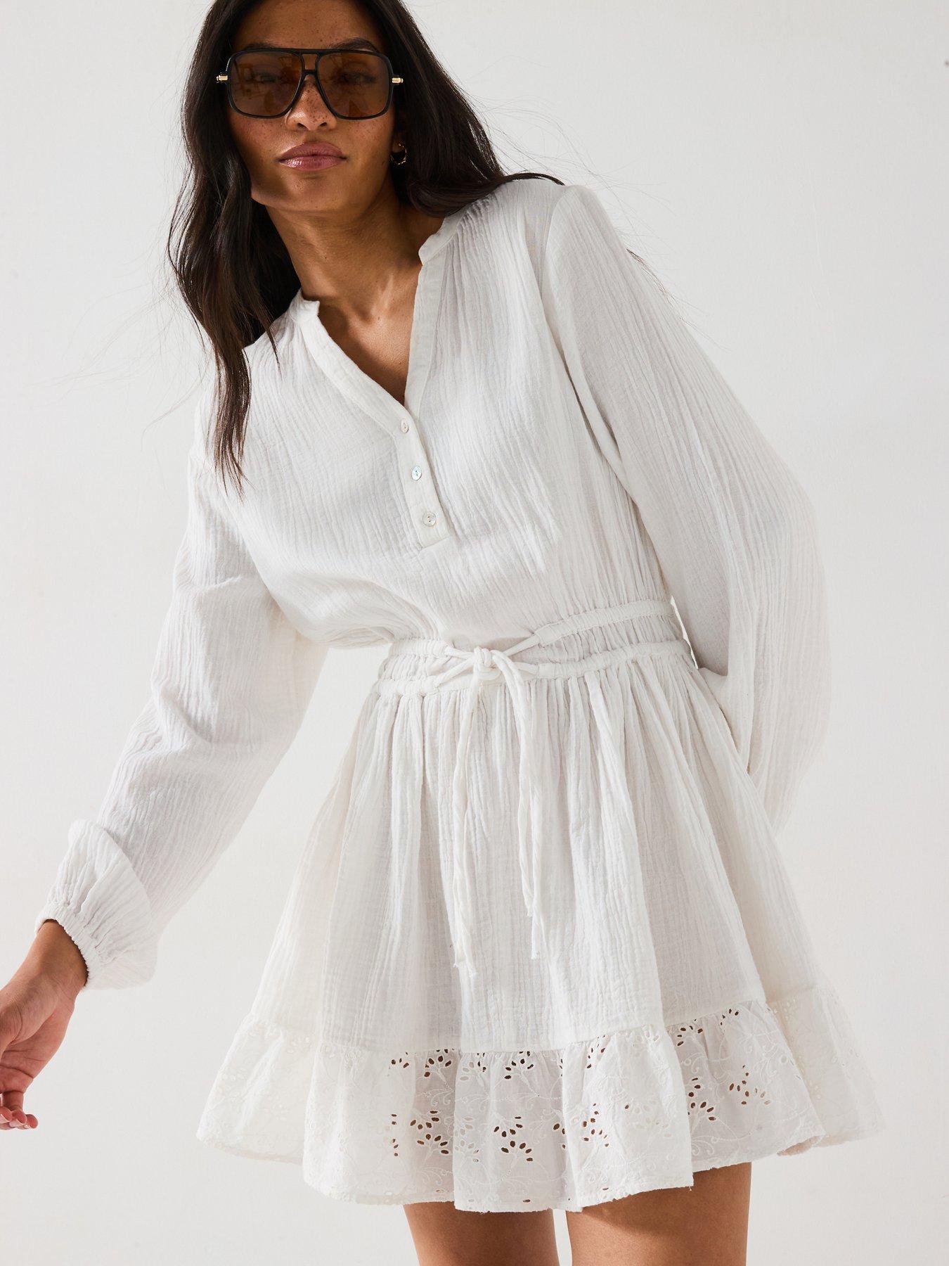 V by Very Broderie Frill Hem Mini Dress - White