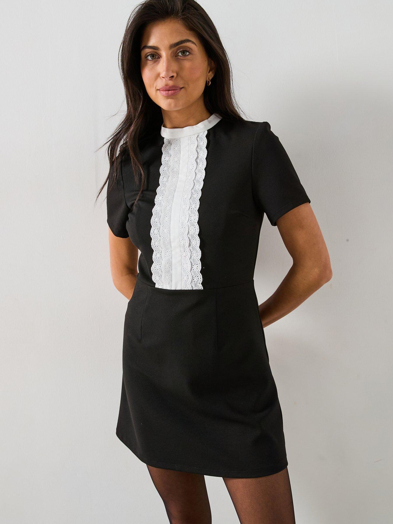 v-by-very-mono-ruffle-placket-mini-dress-blackfront