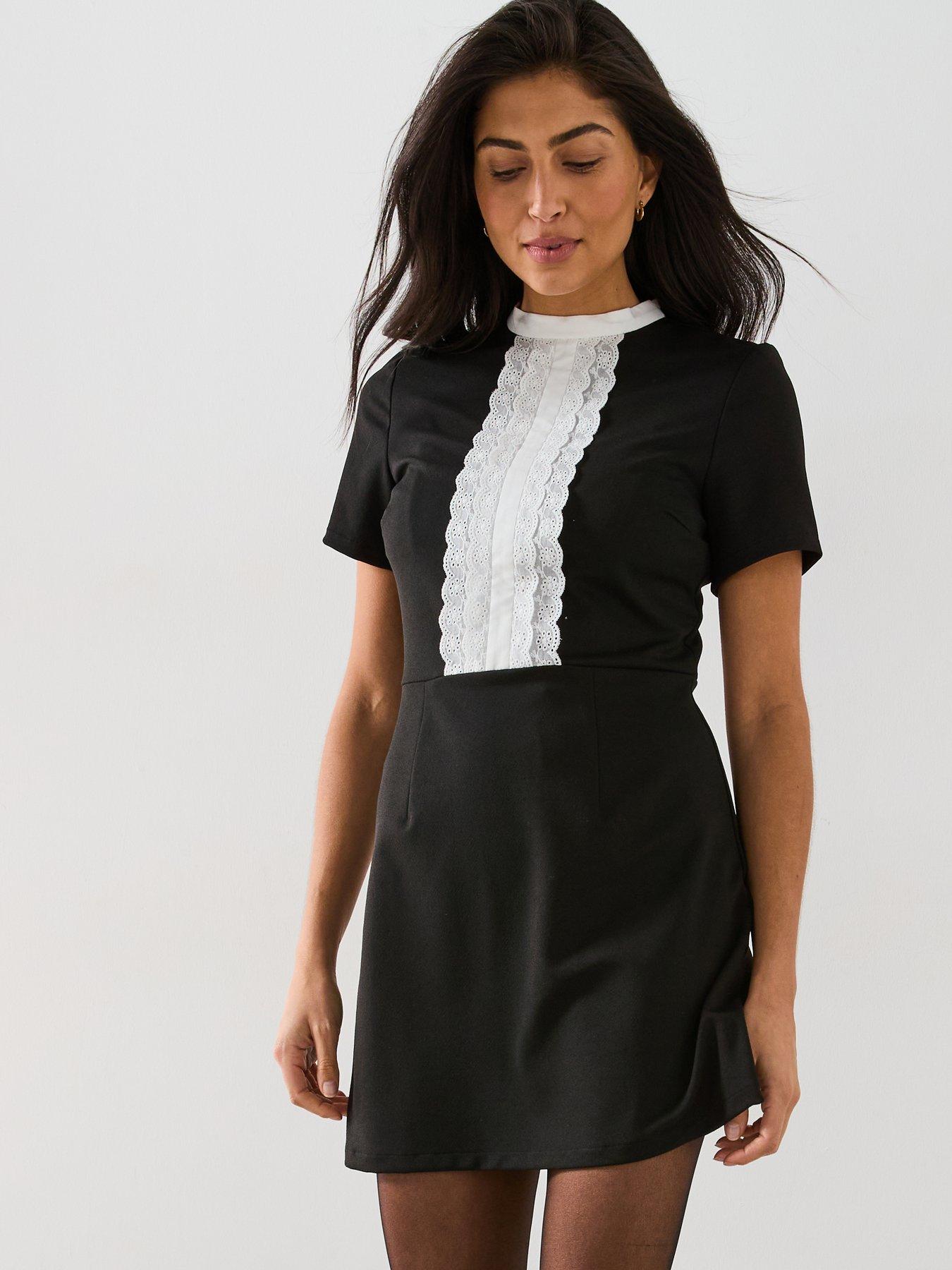 v-by-very-mono-ruffle-placket-mini-dress-blackdetail