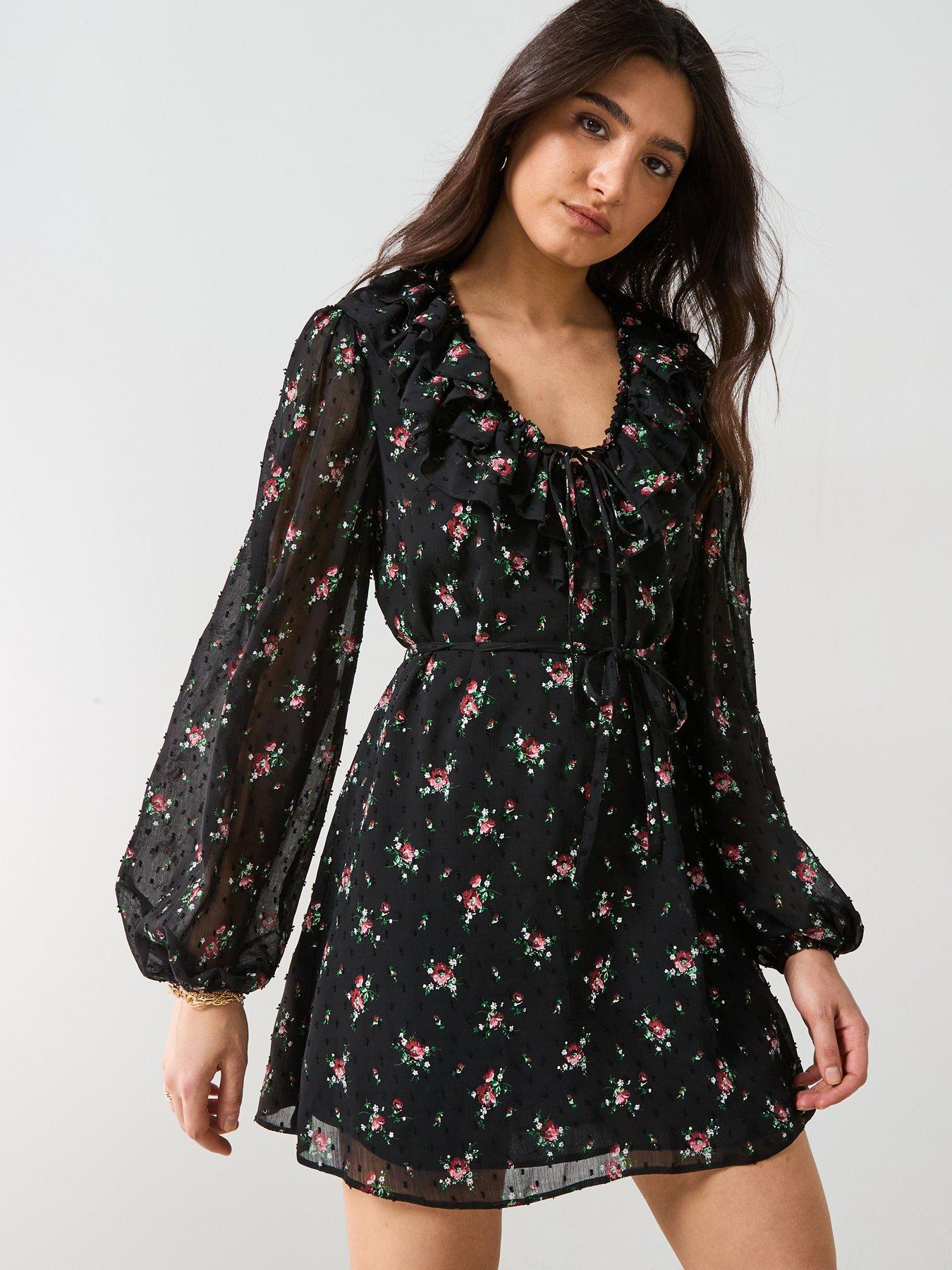 V by Very Floral Printed Dobby Mini Dress - Black