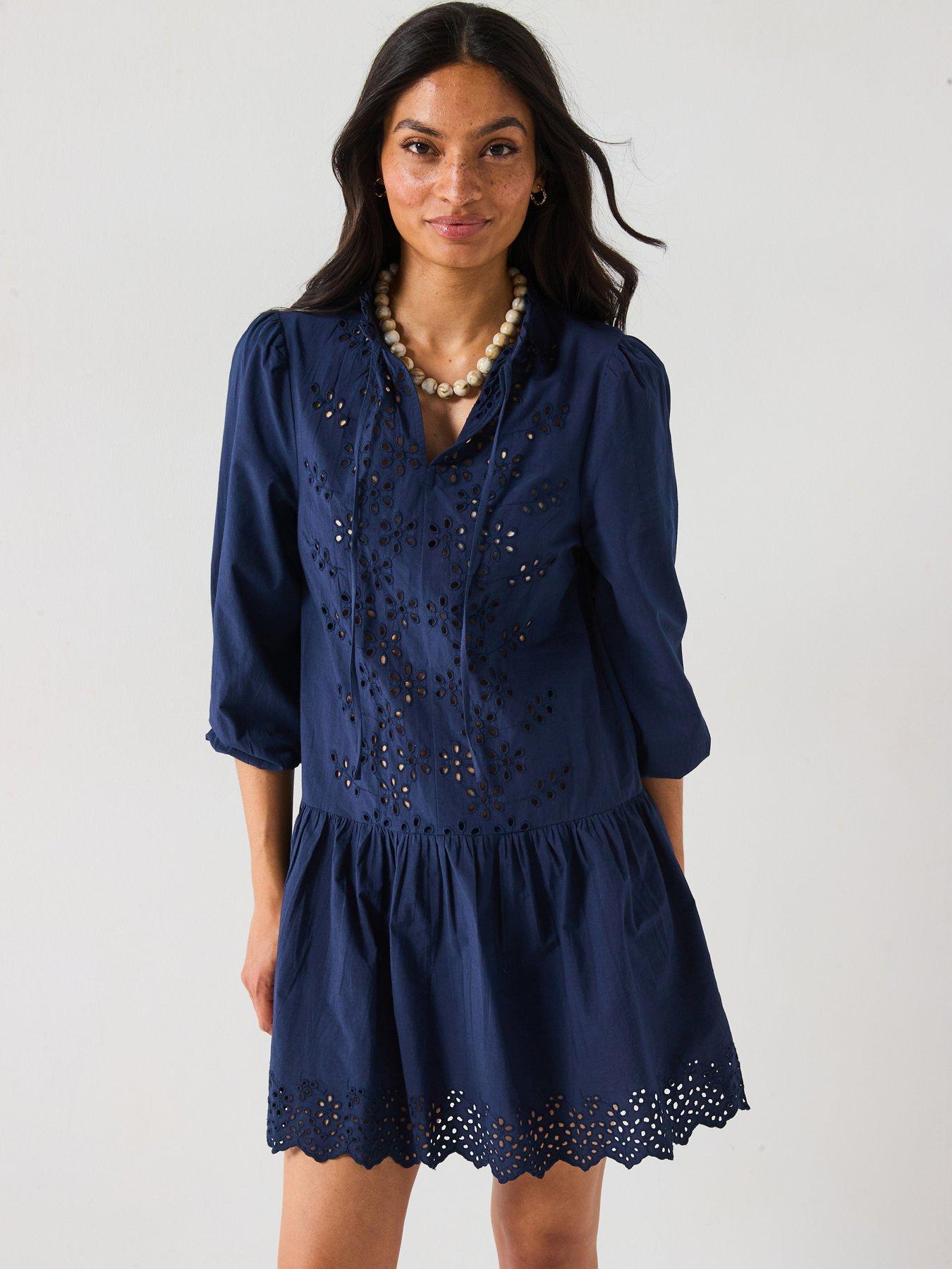 undefined Tie Neck Broderie Mini Dress - Navy