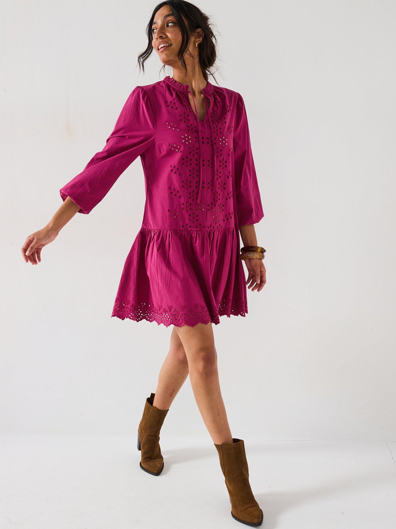 Image 1 of 6 of V by Very Tie Neck Broderie Mini Dress - Burgundy Red