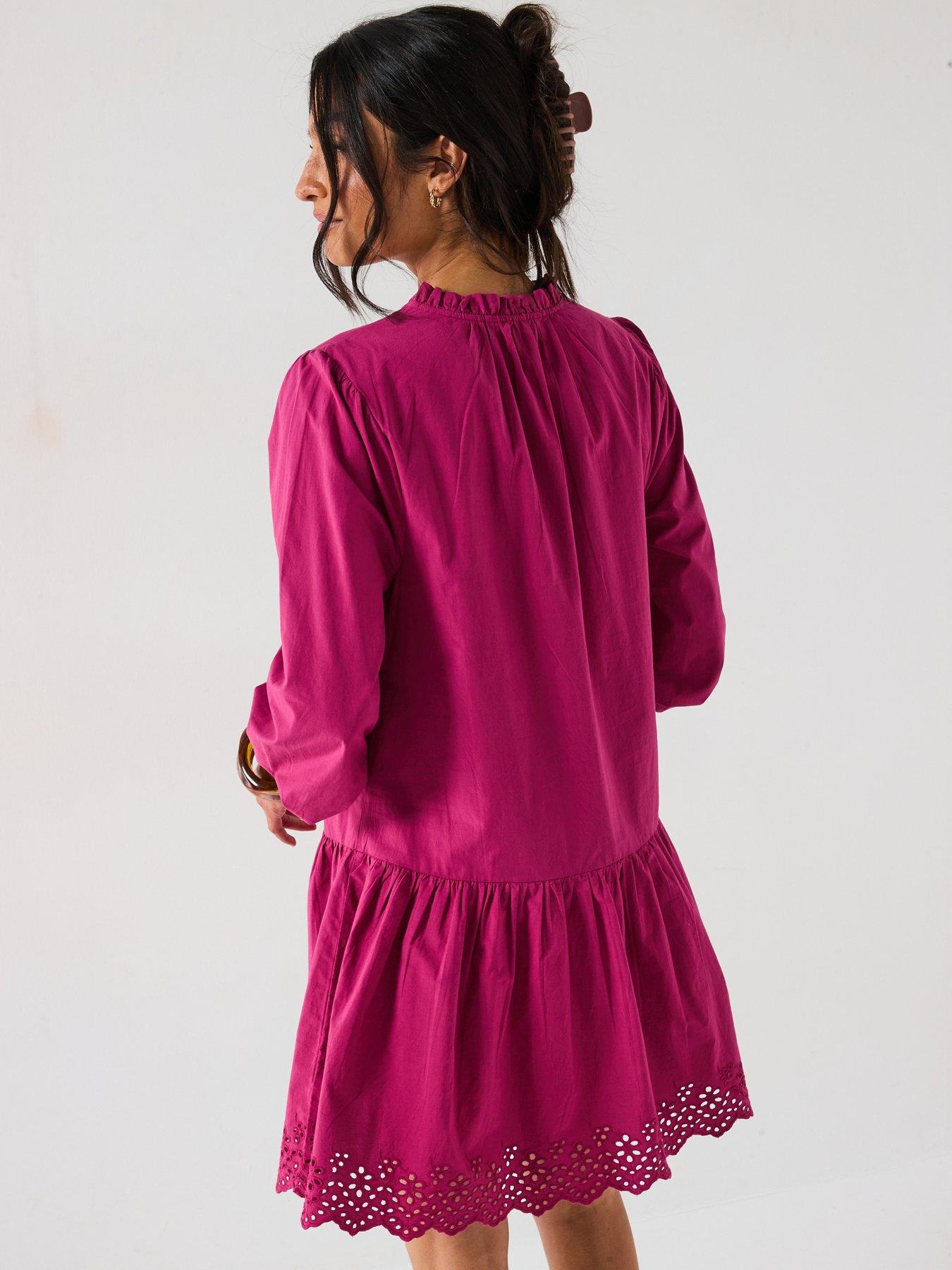 Image 2 of 6 of V by Very Tie Neck Broderie Mini Dress - Burgundy Red