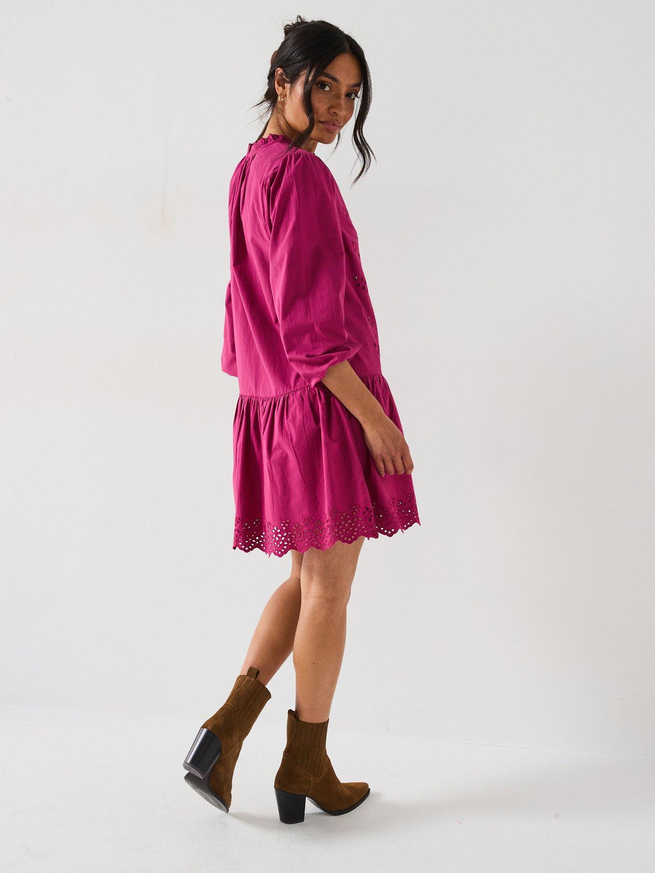 Image 3 of 6 of V by Very Tie Neck Broderie Mini Dress - Burgundy Red