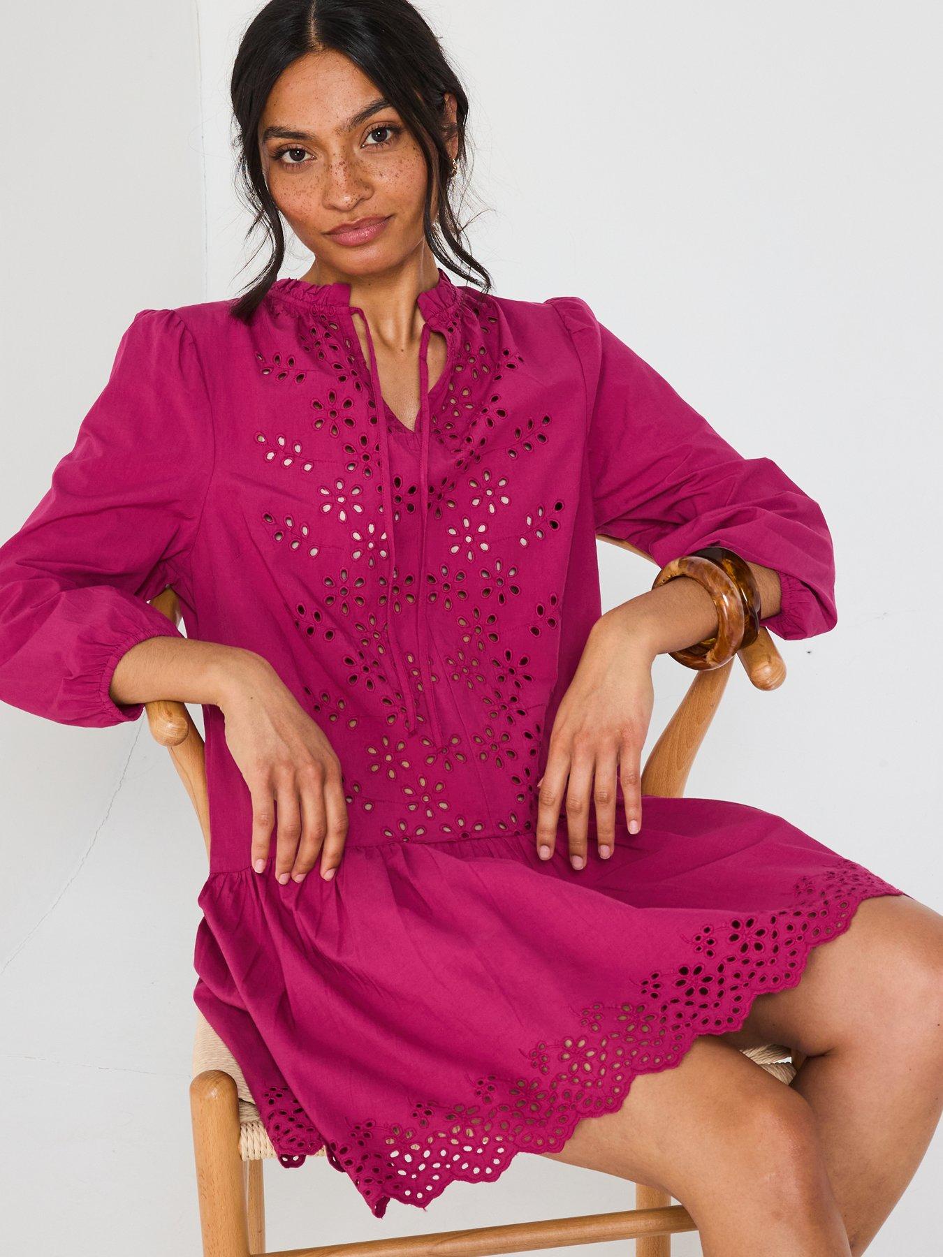 Image 4 of 6 of V by Very Tie Neck Broderie Mini Dress - Burgundy Red