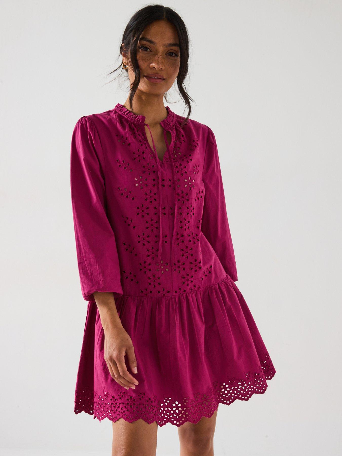 Image 5 of 6 of V by Very Tie Neck Broderie Mini Dress - Burgundy Red