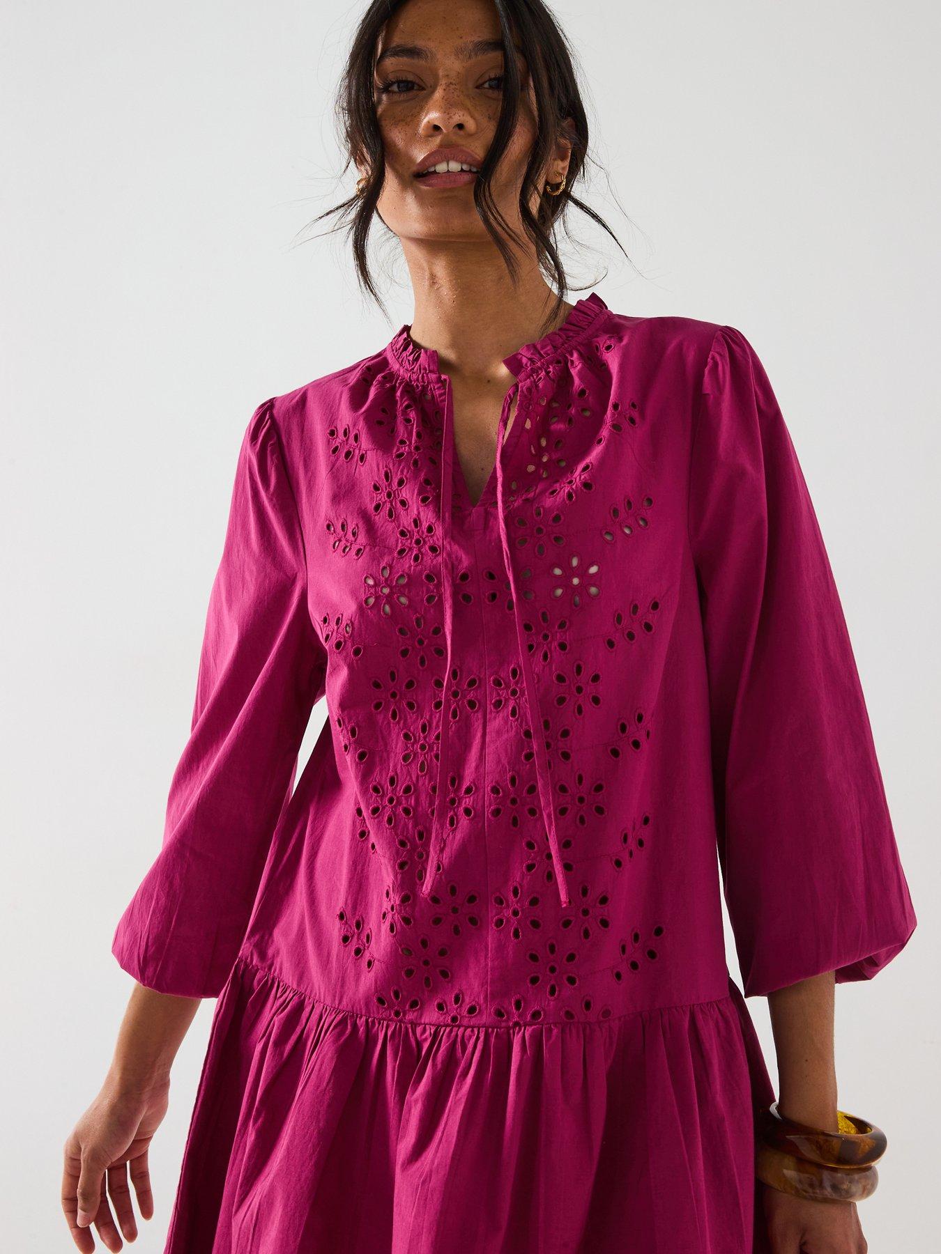 Image 6 of 6 of V by Very Tie Neck Broderie Mini Dress - Burgundy Red