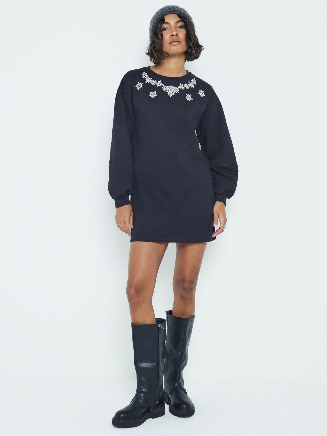 Image 1 of 4 of River Island Necklace Trim Sweat Dress - Black