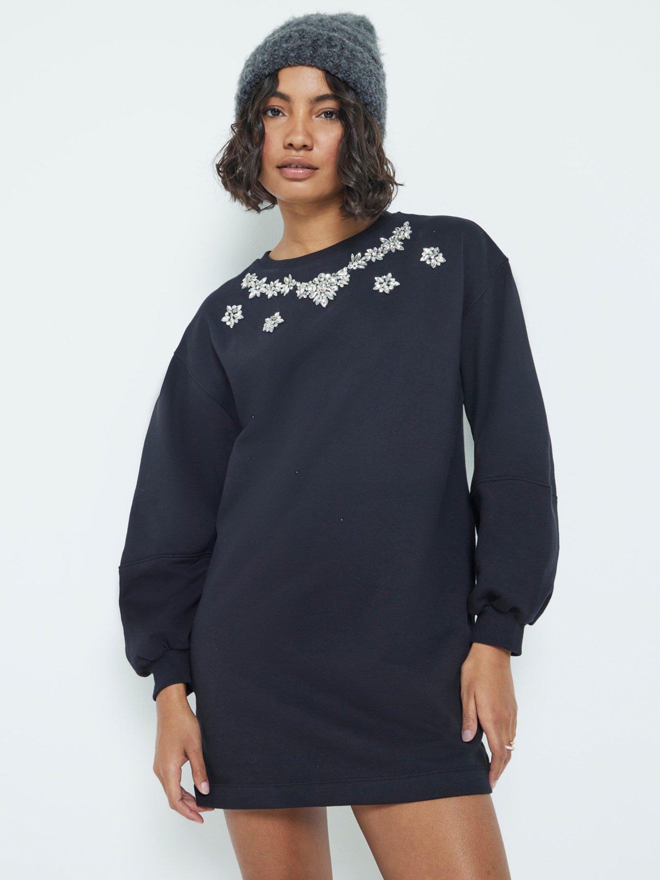 Image 2 of 4 of River Island Necklace Trim Sweat Dress - Black