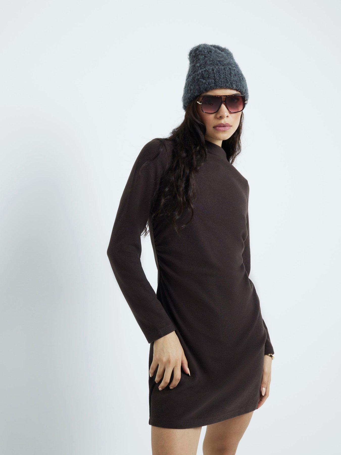 Image of River Island Cosy Ruched Mini Dress - Dark Brown