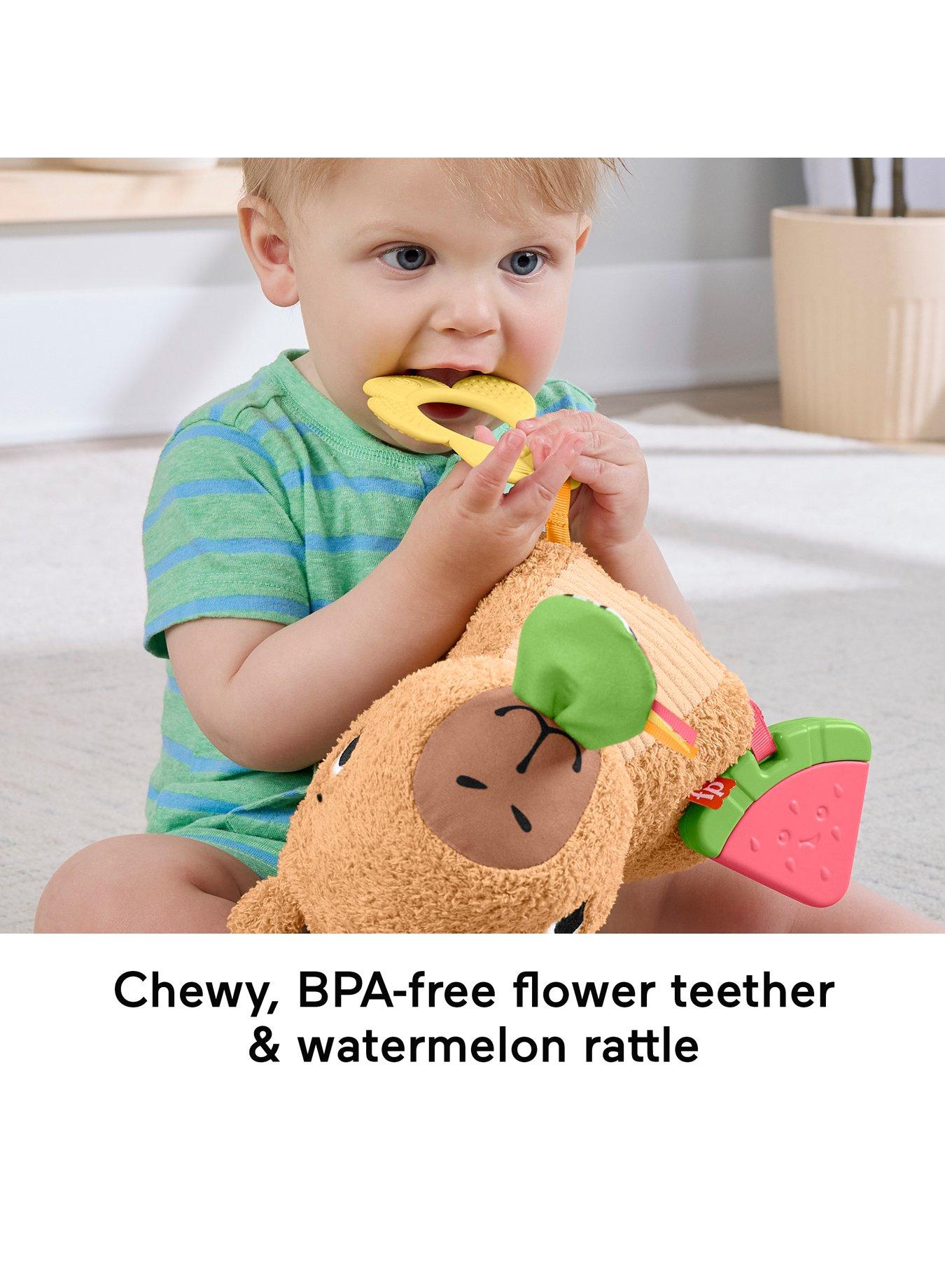 Image 4 of 7 of Fisher-Price Snuggly Snacky Capybara Plush Baby Sensory Toy with Teether &amp; Rattle for Newborns