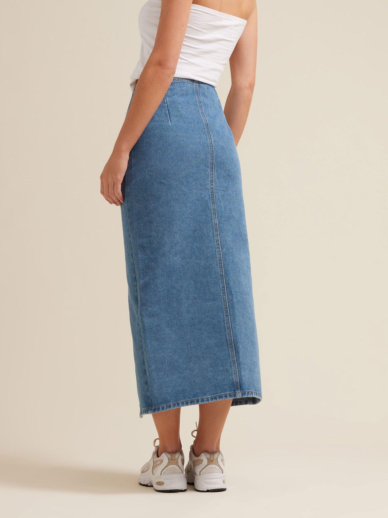 Image 2 of 4 of PixieGirl Petite Asymmetric Button Midi Skirt - Blue