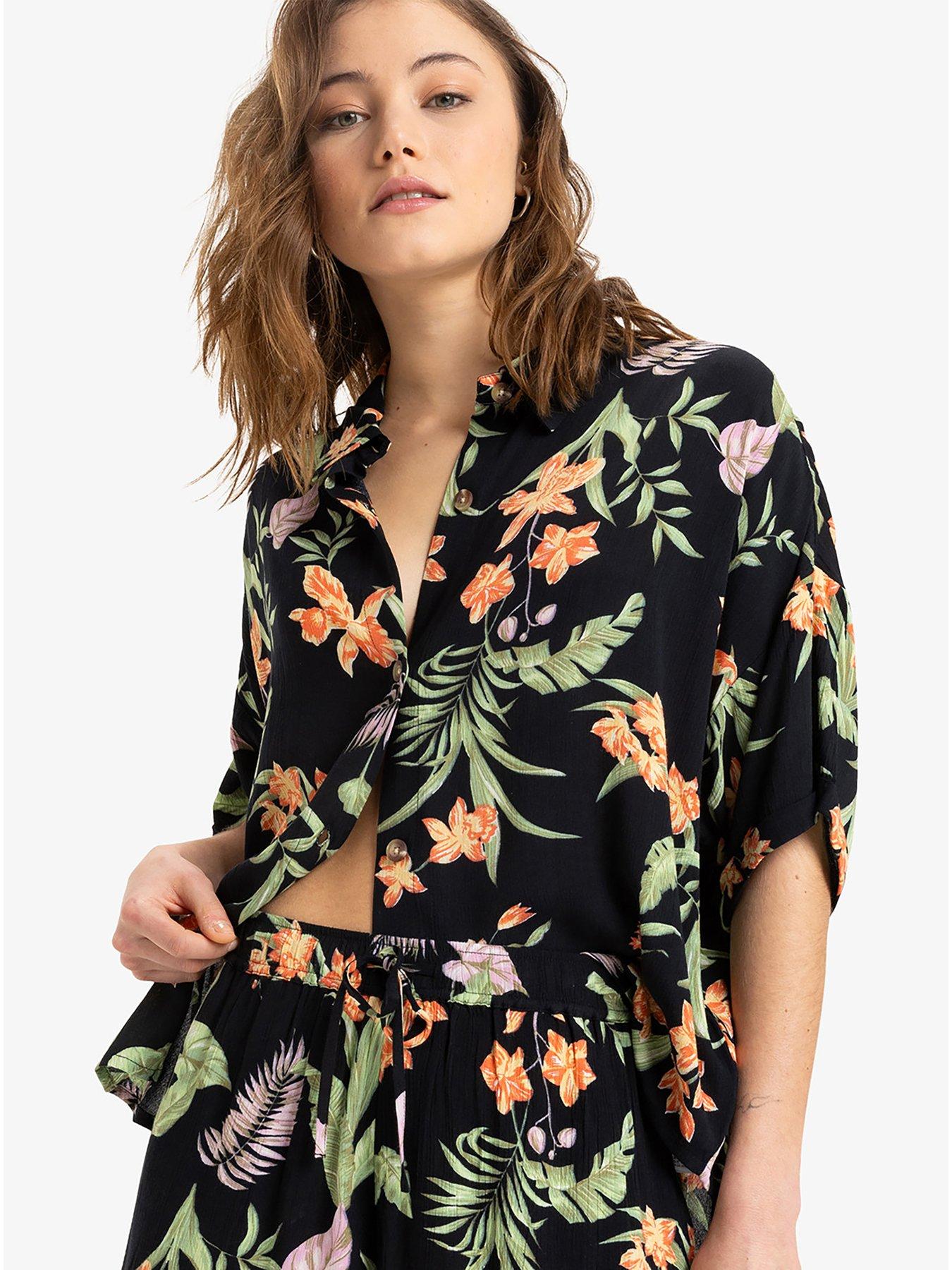 undefined Womens Beach Nostalgia Crinkle Short Sleeve Top - Black