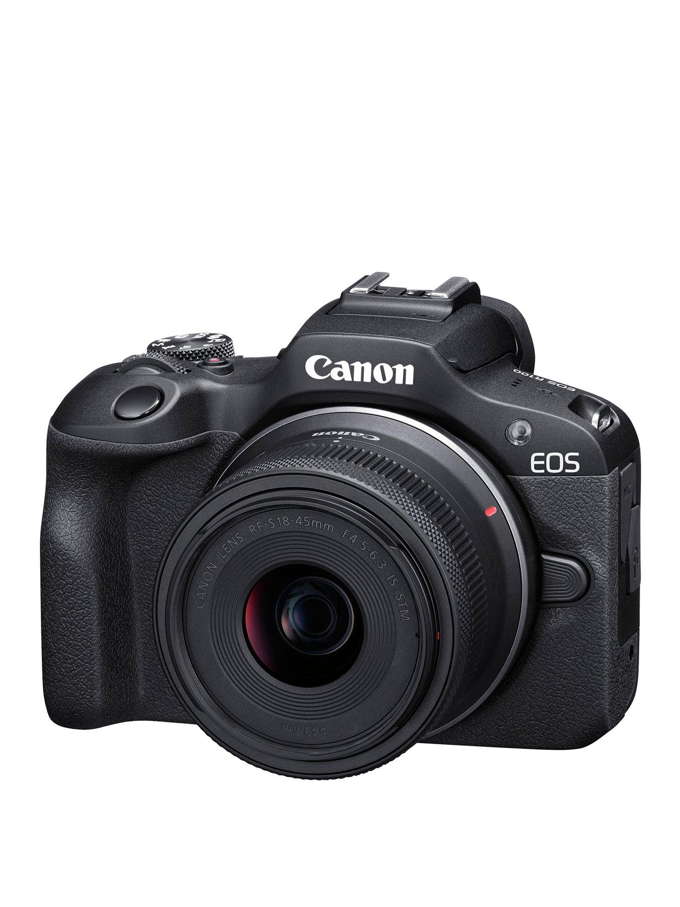 canon-eos-r100-camera-inc-rf-s-18-45mm-lens-shotgun-mic-desktop-tripod-amp-128gb-cardstillFront