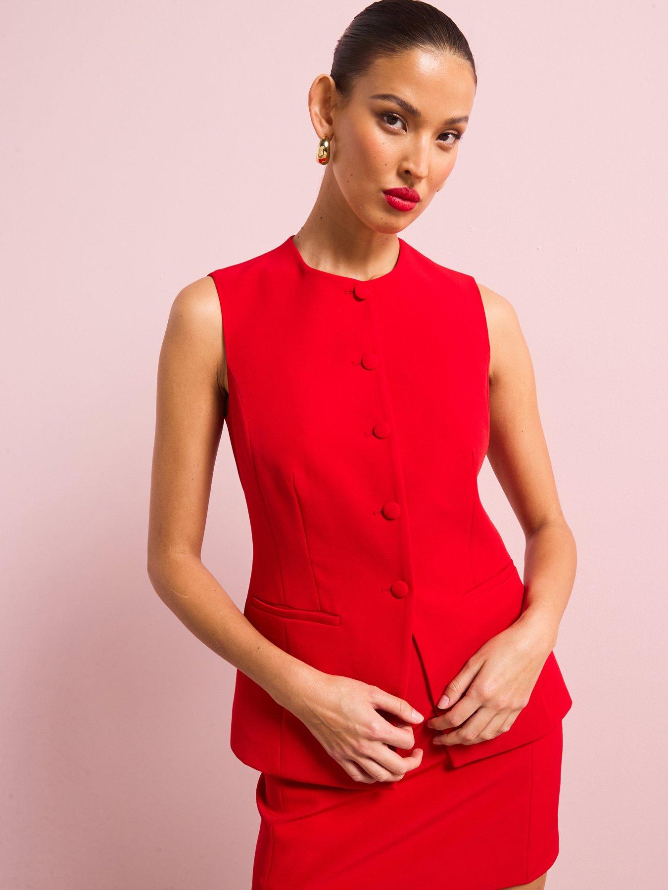 Style Cheat Round Neck Button Down Waistcoat - Red