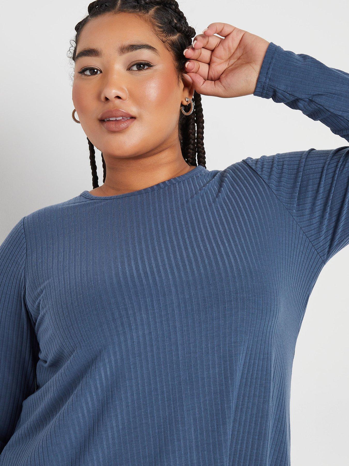 yours-curve-long-sleeve-rib-swing-t-shirt-blueoutfit